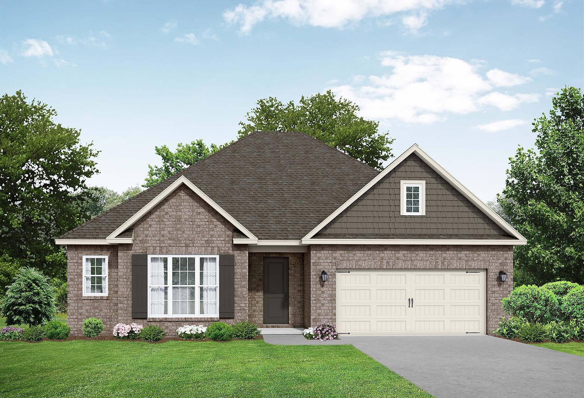 Montgomery B single-story home elevation featuring brick exterior, gabled shingle roof, 2-car garage, and lush green landscaped yard