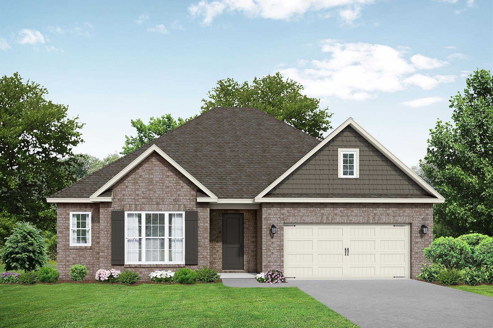 Montgomery B single-story home elevation featuring brick exterior, gabled shingle roof, 2-car garage, and lush green landscaped yard