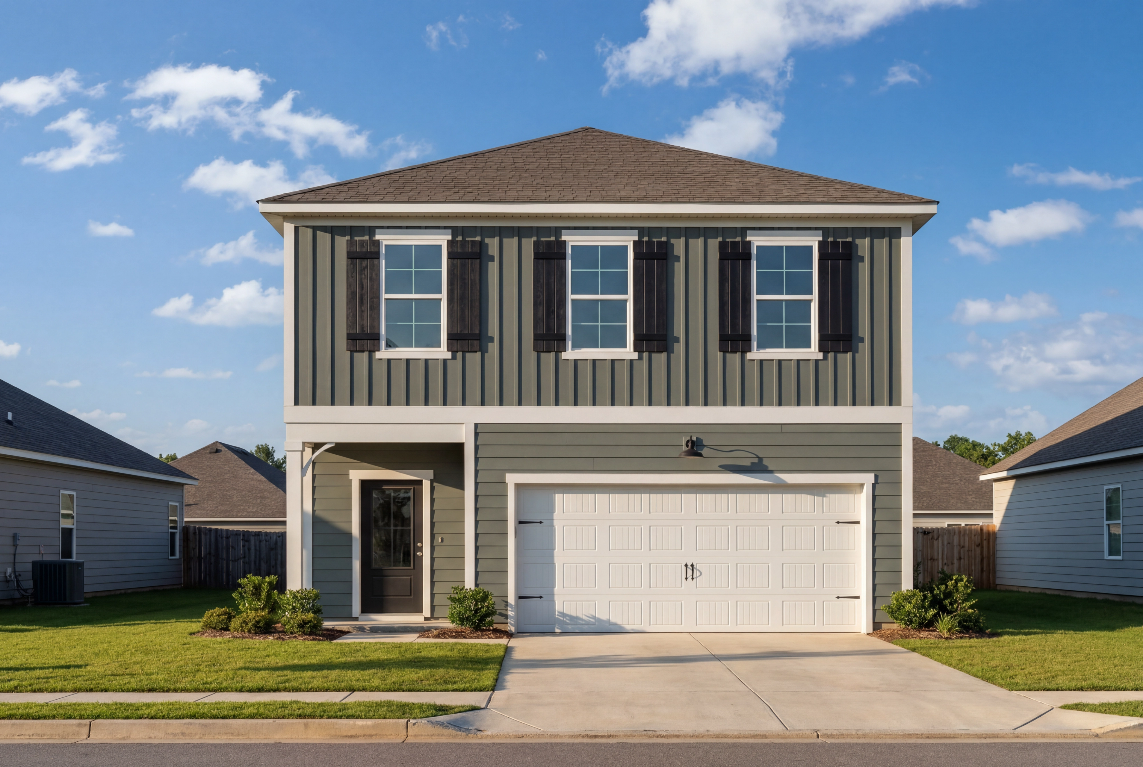 Modern craftsman two-story home with gray siding, black shutters, white two-car garage, and lush lawn in The Bluffs, Canton, Georgia by Davidson Homes The Burton B