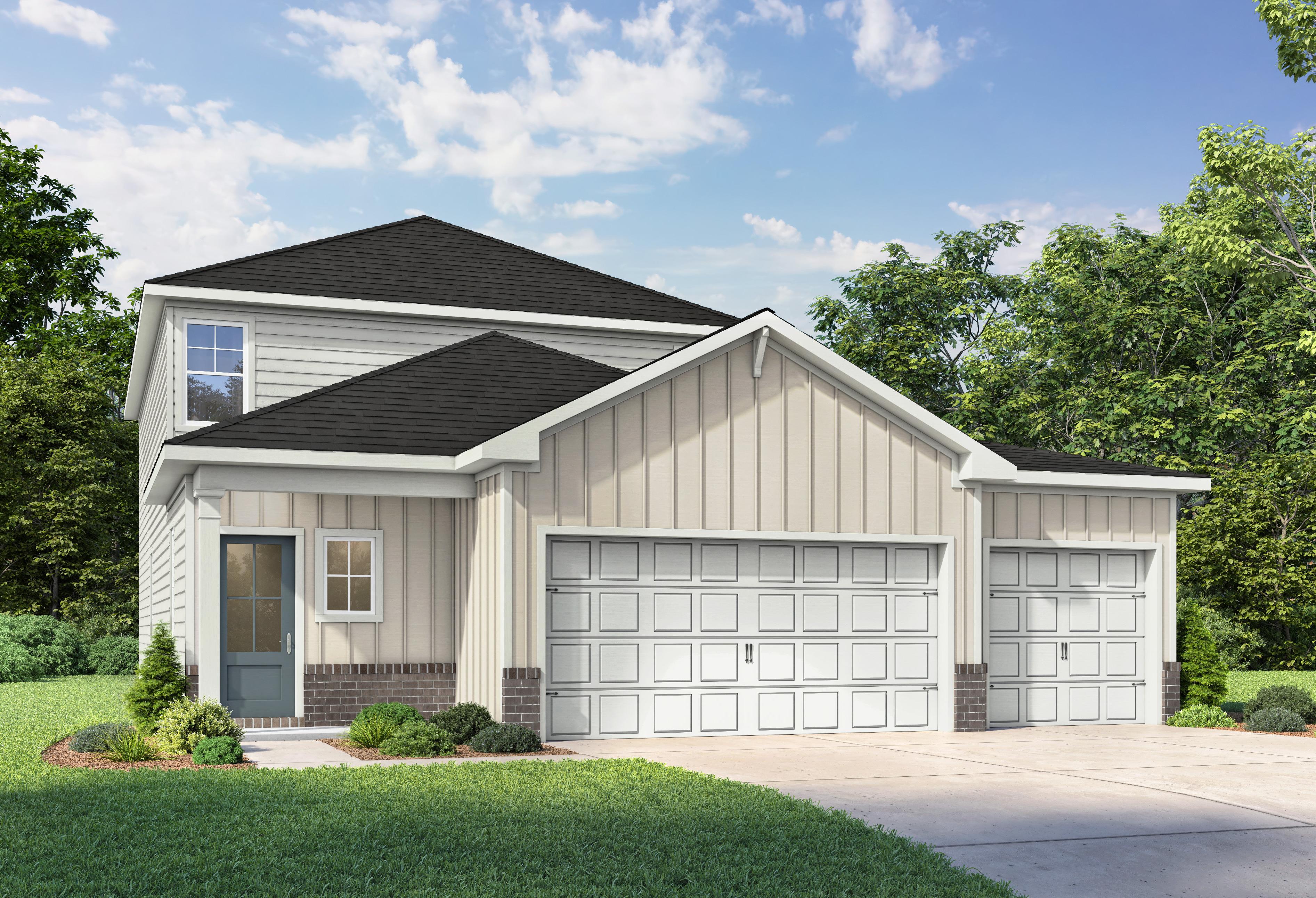 Two-story Pinecrest B home elevation with 3-car garage, brick accents, beige siding, and lush landscaping