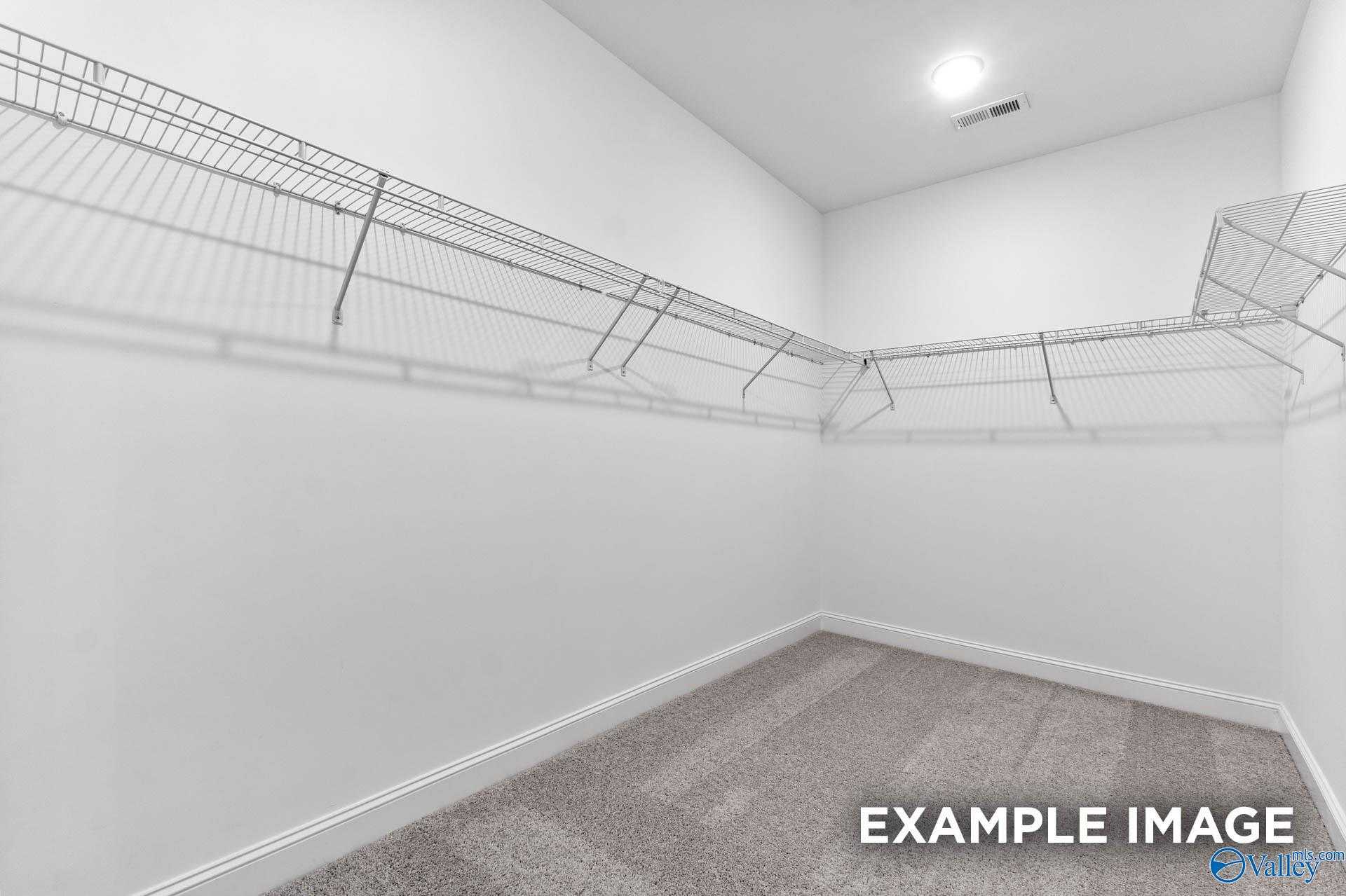 Spacious walk-in closet with wire shelving and hanging rods in Davidson Homes The Finleigh, Meridianville, Alabama