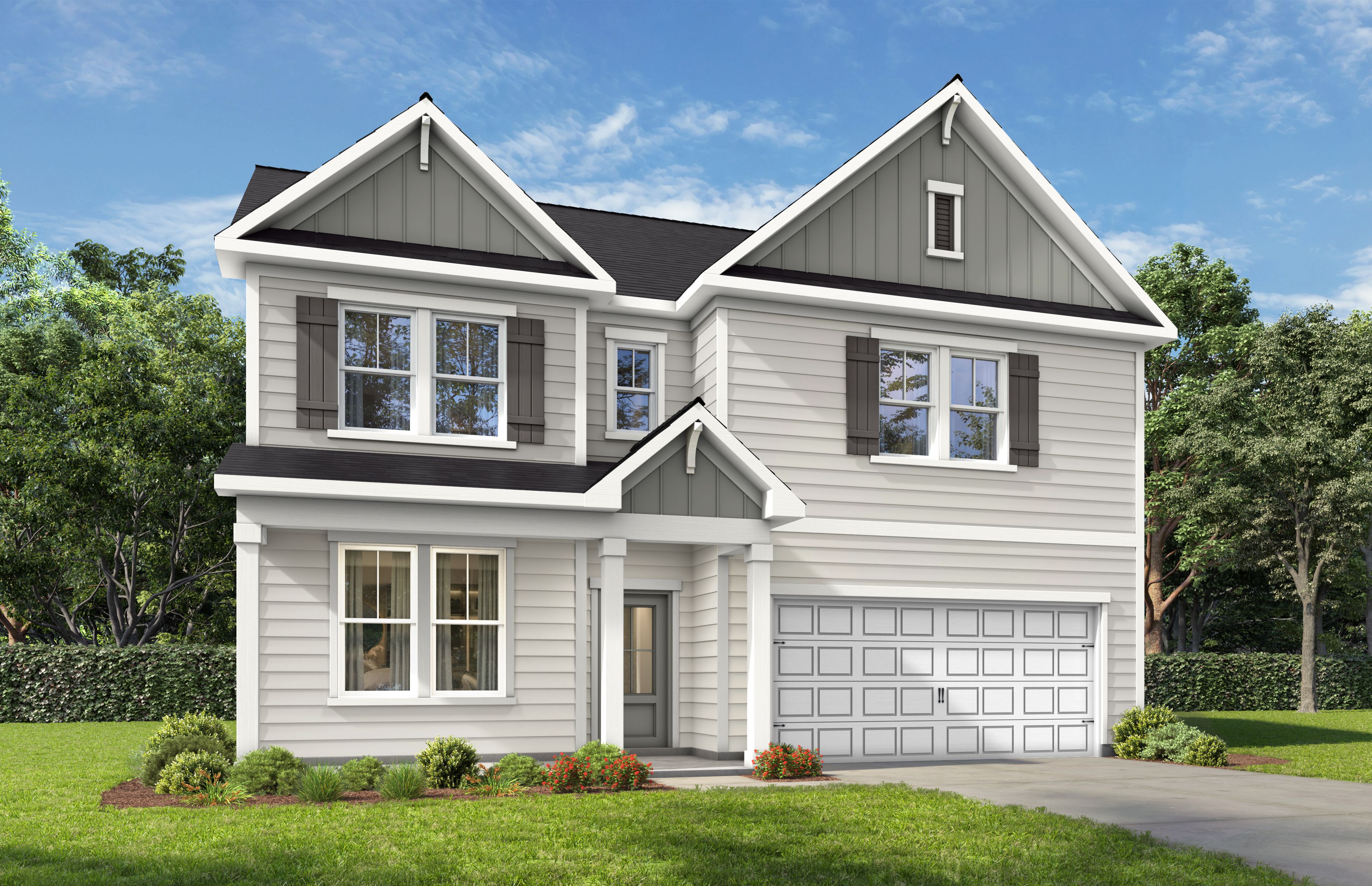 Two-story The Beech home elevation by Davidson Homes featuring gray siding, gabled roof, front porch, and two-car garage in Raleigh NC
