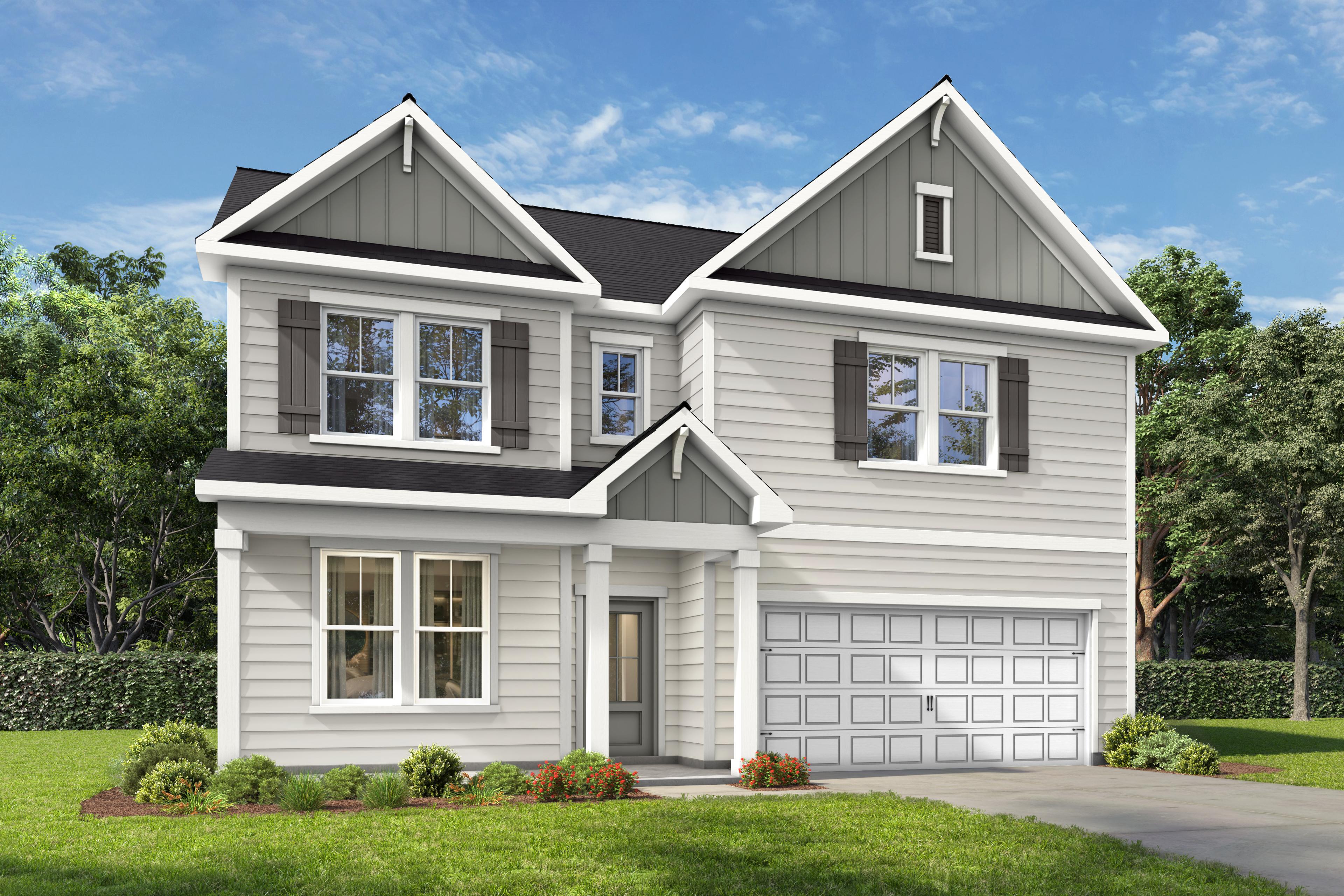 Two-story The Beech home elevation by Davidson Homes featuring gray siding, gabled roof, front porch, and two-car garage in Raleigh NC