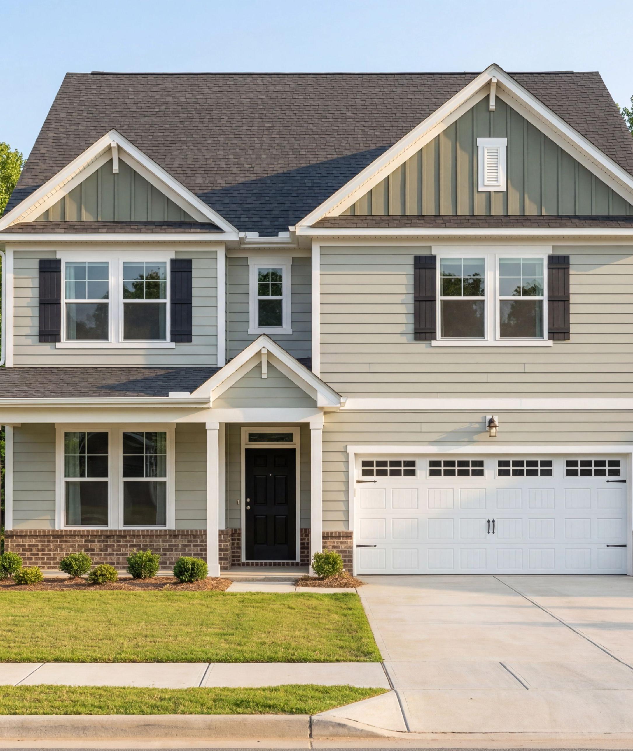 Two-story Davidson Homes exterior at Springvale South in Fuquay-Varina, NC with light green siding and a two-car garage.