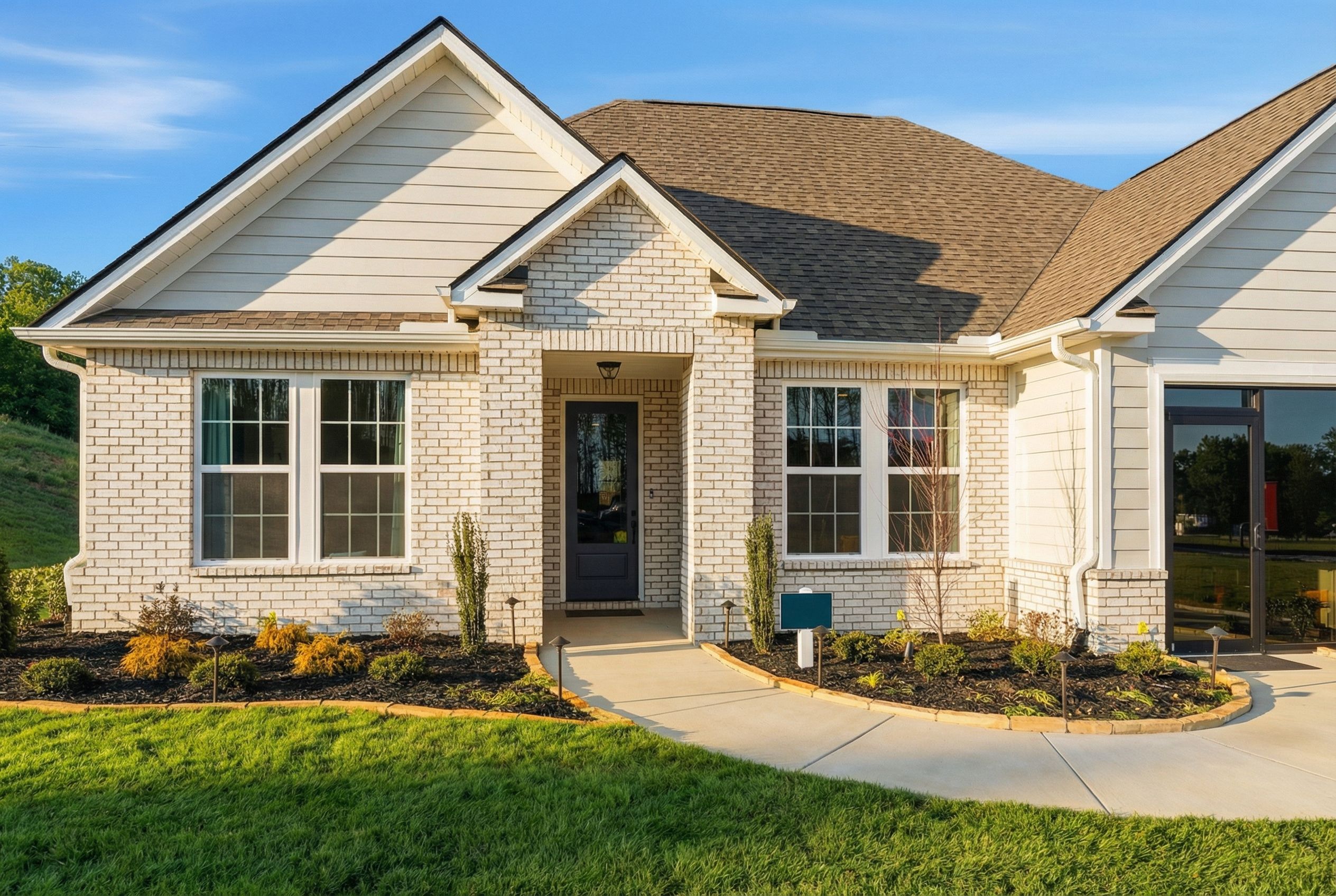 Brick and siding home exterior at Noble Ridge in Cullman Alabama with covered entry, windows, and landscaped yard