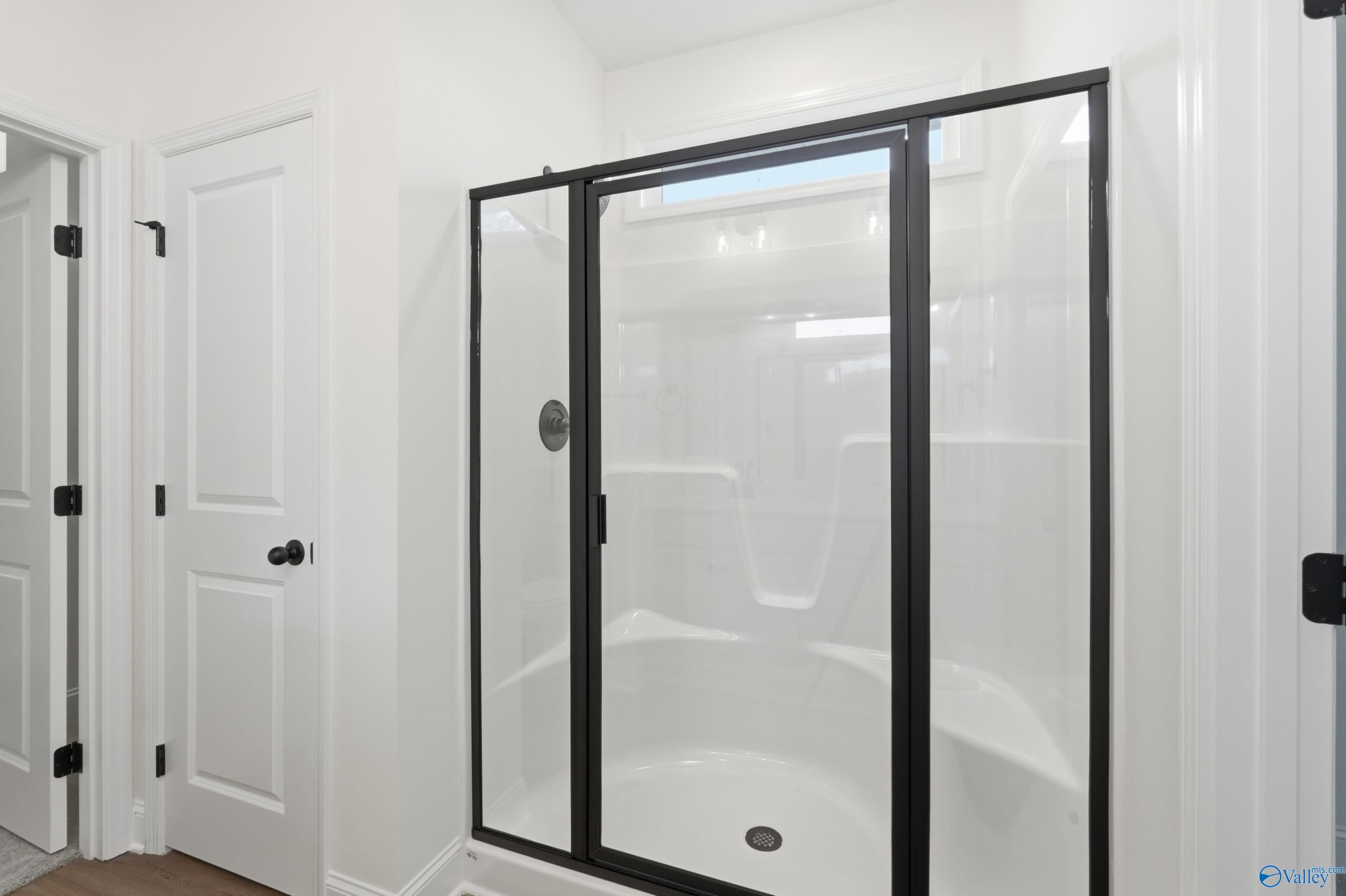 Modern glass-enclosed walk-in shower in master bathroom of The Asheville C by Davidson Homes, Arab, Alabama