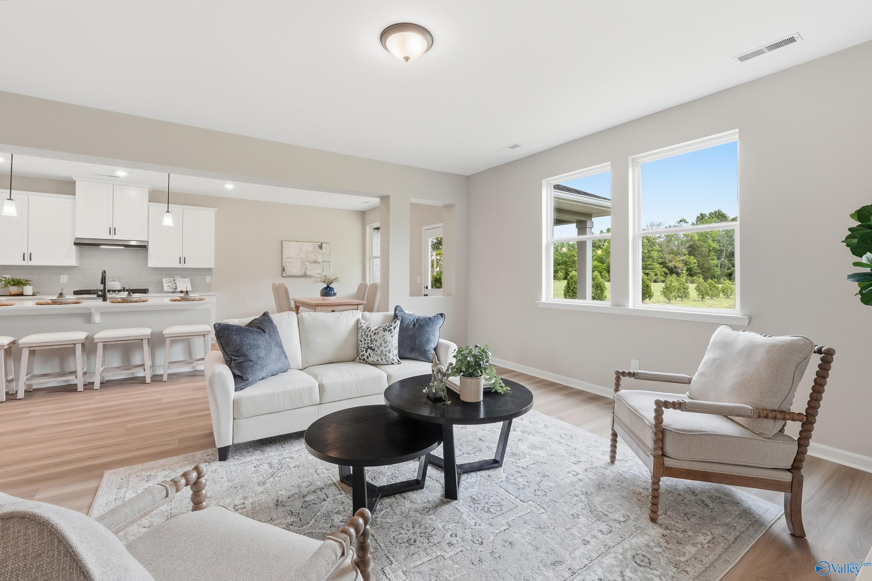 Open-concept living room with white sofa, nested coffee tables, and kitchen island in The Dorado floor plan, Riverton Preserve, Huntsville