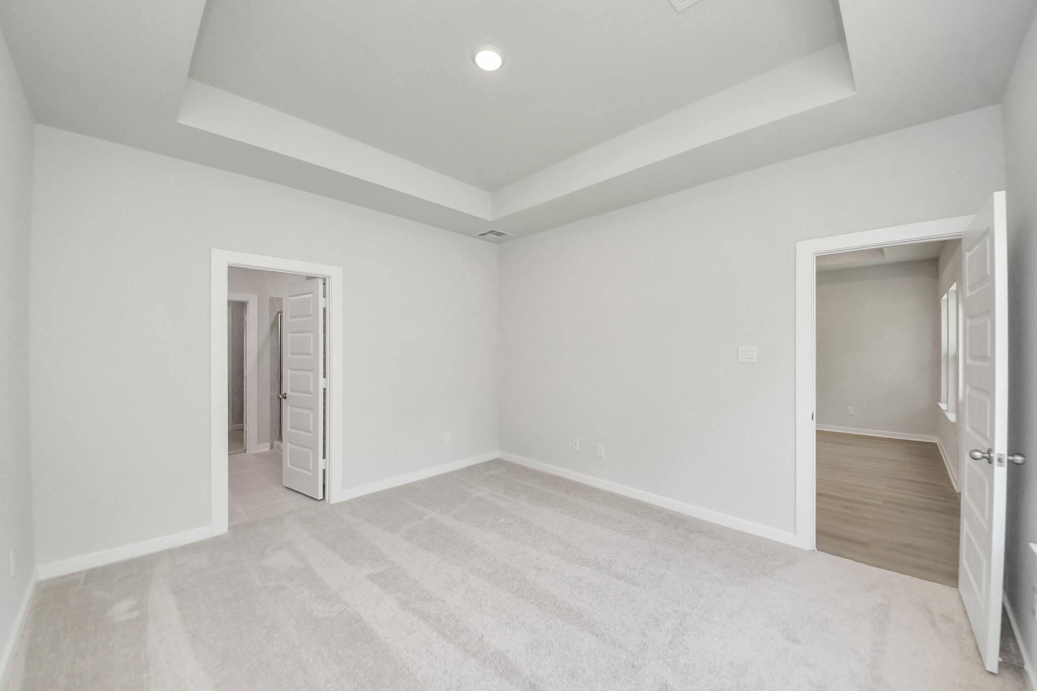 Spacious bedroom with tray ceiling and plush carpet in The Blanco E floor plan at Caney Creek Place, Conroe, Texas.