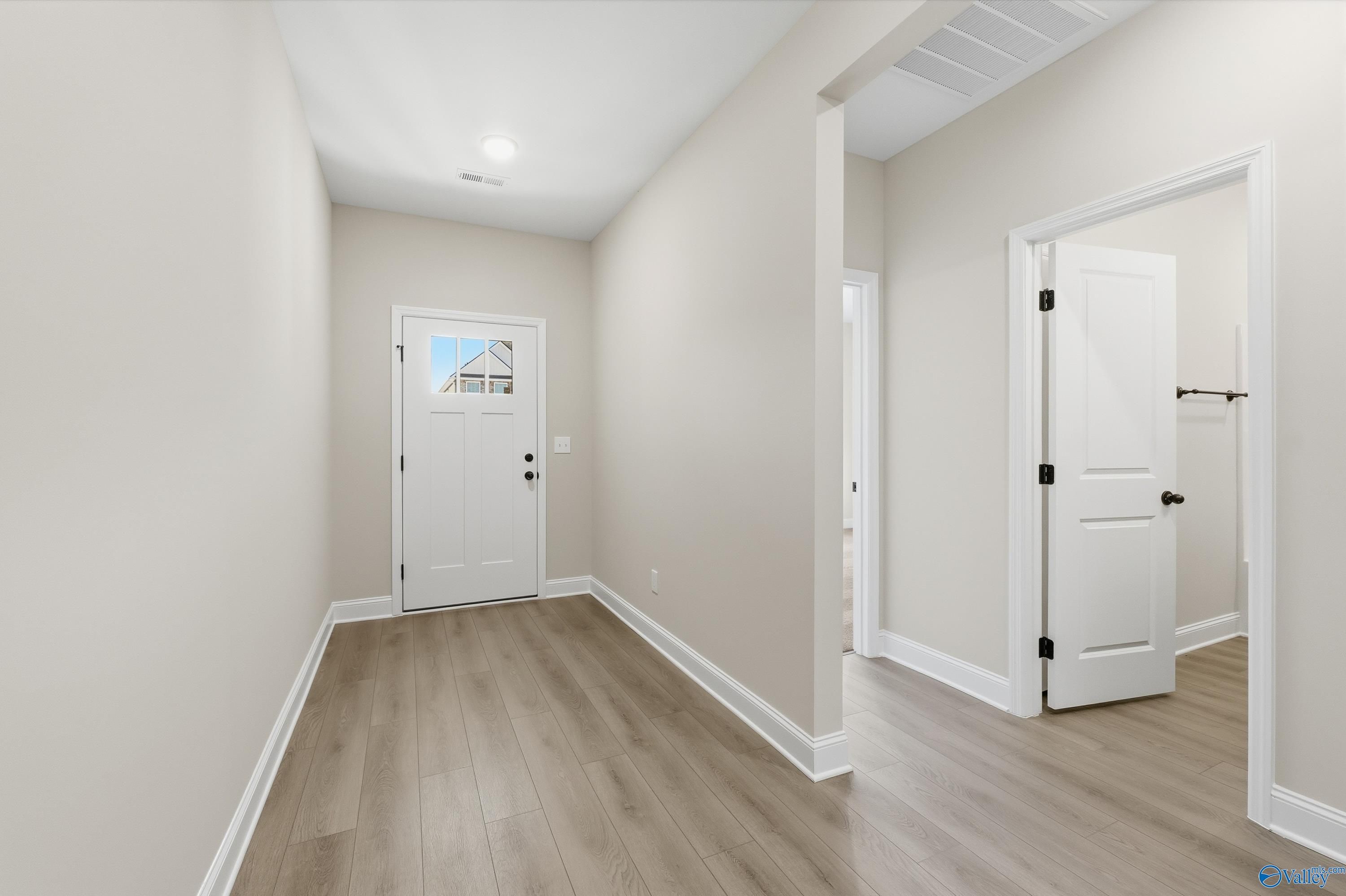 Bright entry hallway with light wood floors, beige walls, and white doors in Davidson Homes The Daphne C, New Market, Alabama