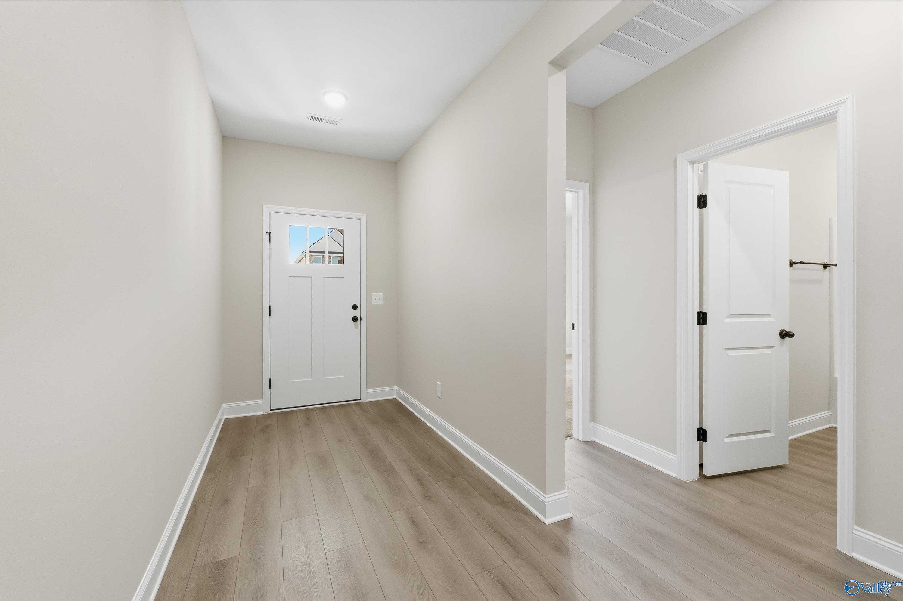Bright entry hallway with light wood floors, beige walls, and white doors in Davidson Homes The Daphne C, New Market, Alabama