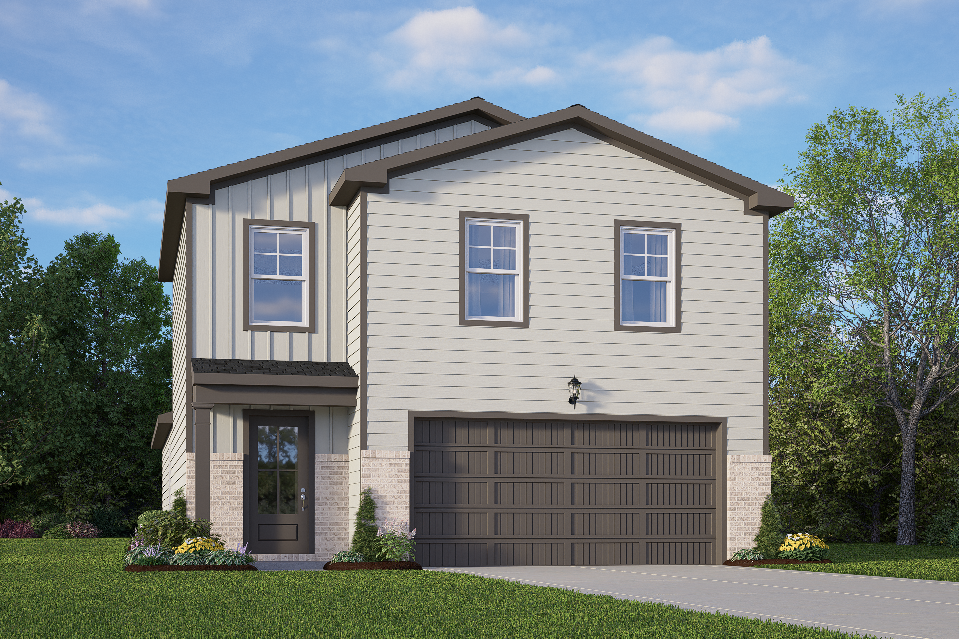 Contemporary two-story Blanco B elevation with beige siding, brick accents, dark two-car garage, and landscaped yard