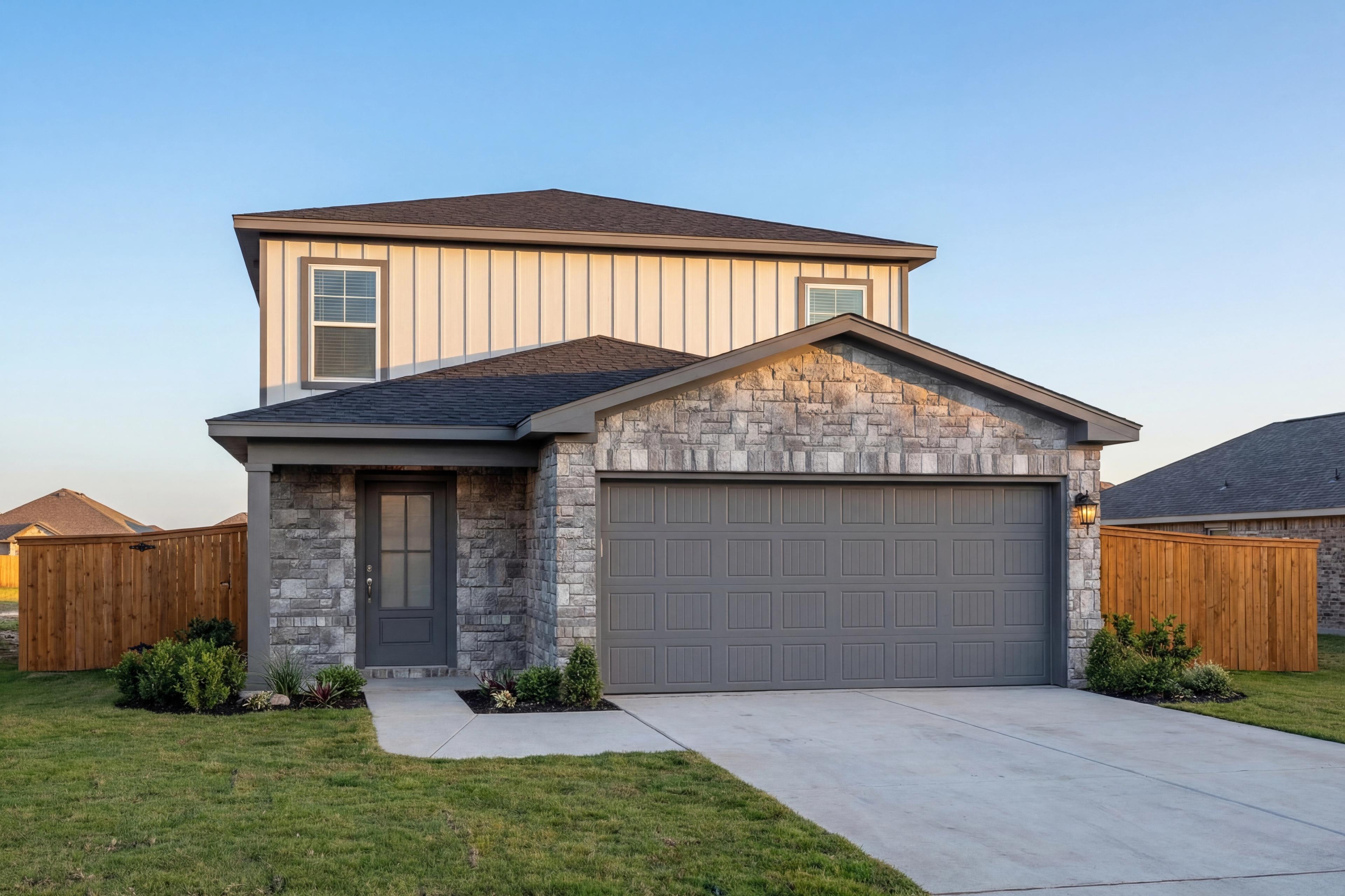 Two-story San Marcos home elevation by Davidson Homes featuring stone accents, beige siding, two-car garage, and front porch