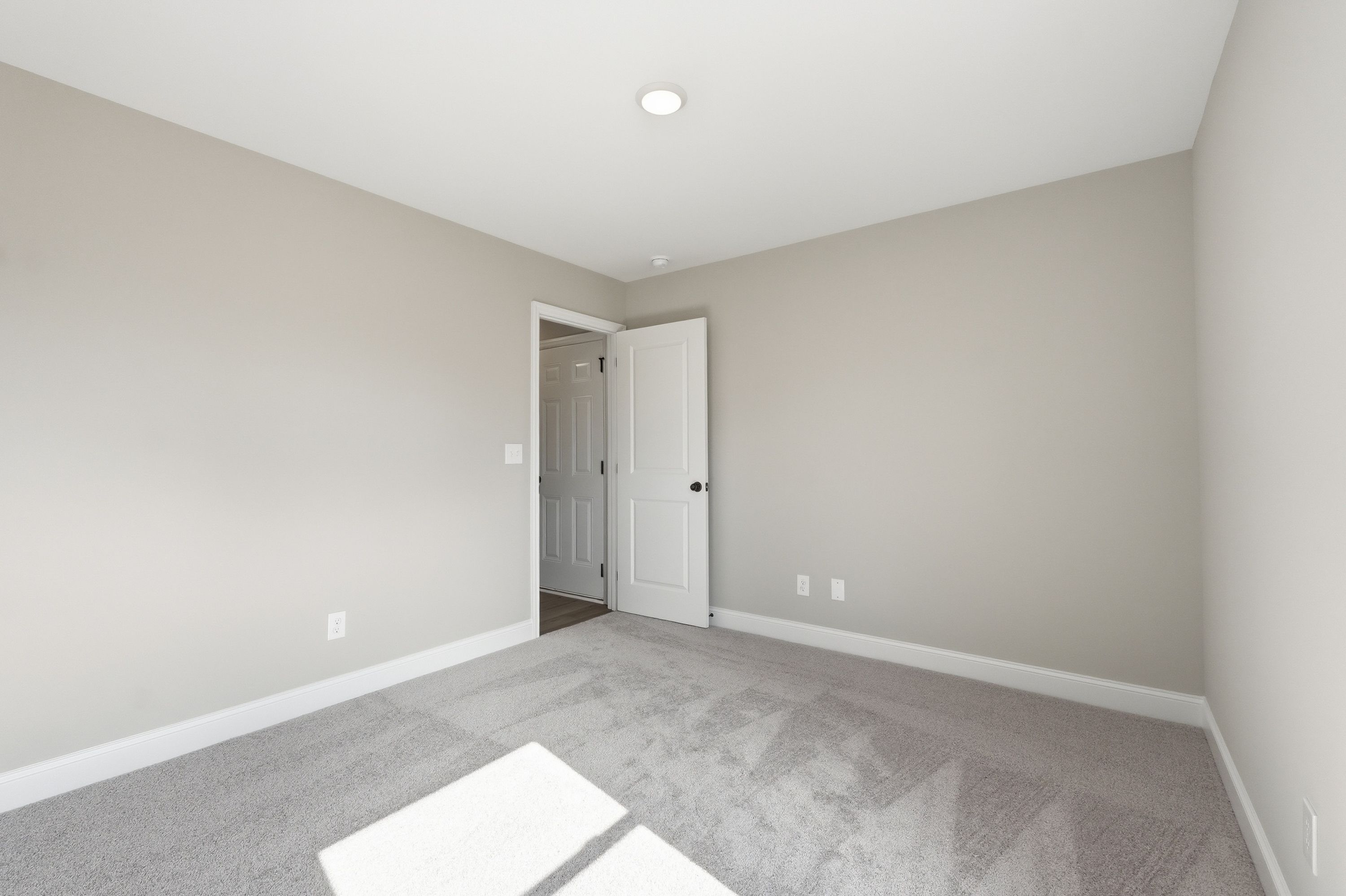 Spacious secondary bedroom in The Daphne V with neutral beige walls, gray carpet flooring, and open white door