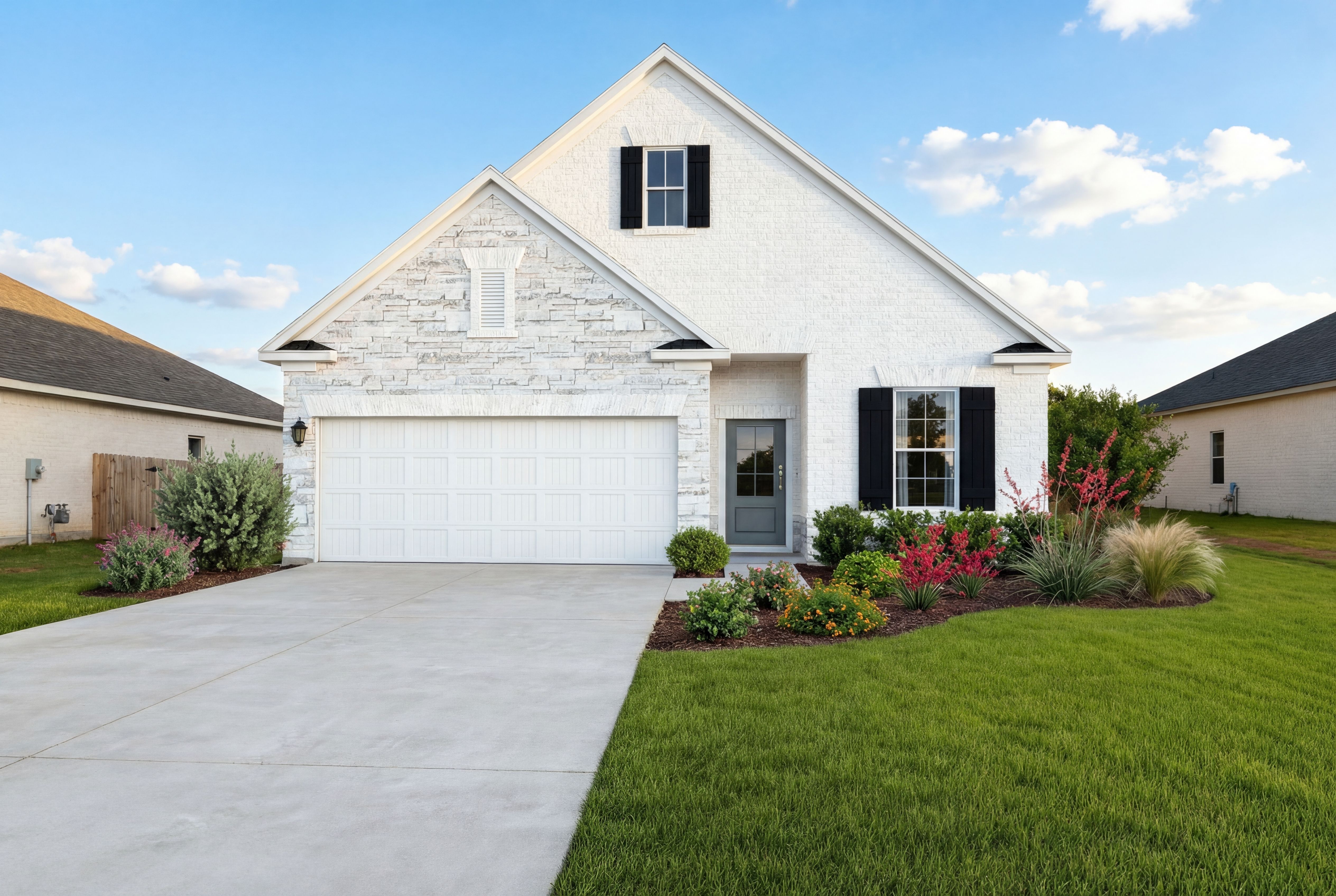 Modern white single-story elevation of The Luna L with stone gable accents, 2-car garage, black shutters, and lush landscaped yard in Katy, Texas