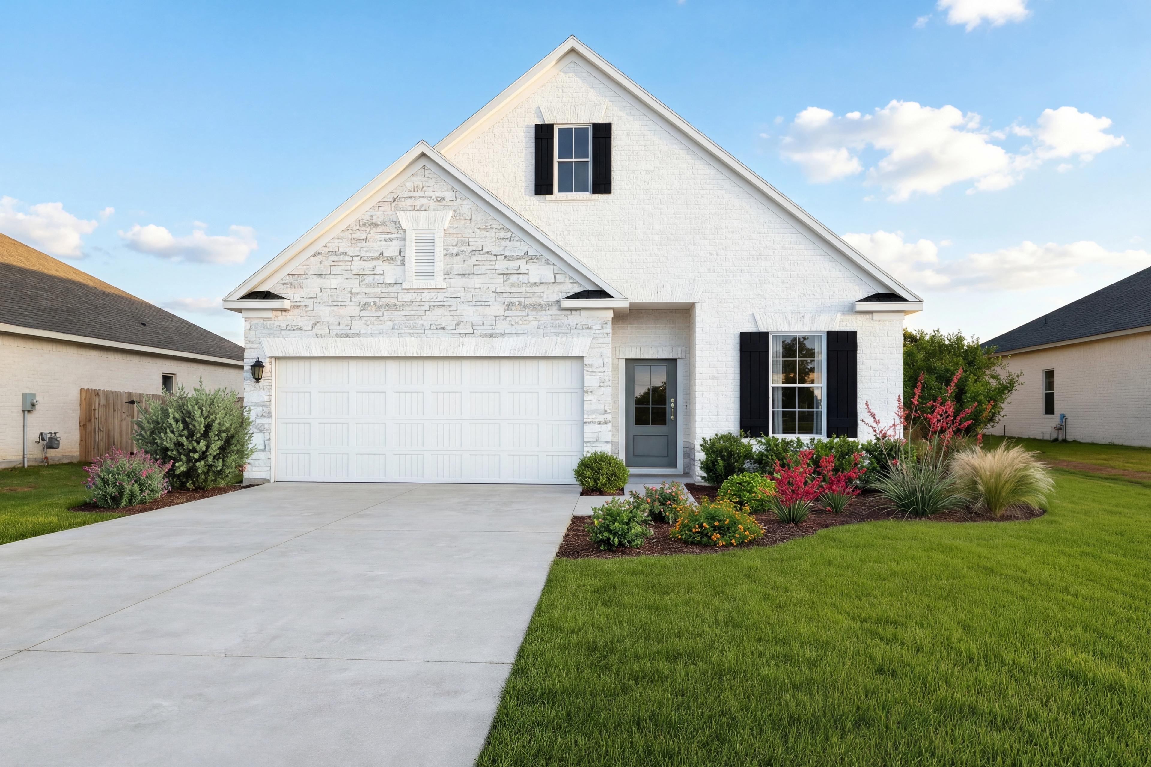 Modern white single-story elevation of The Luna L with stone gable accents, 2-car garage, black shutters, and lush landscaped yard in Katy, Texas