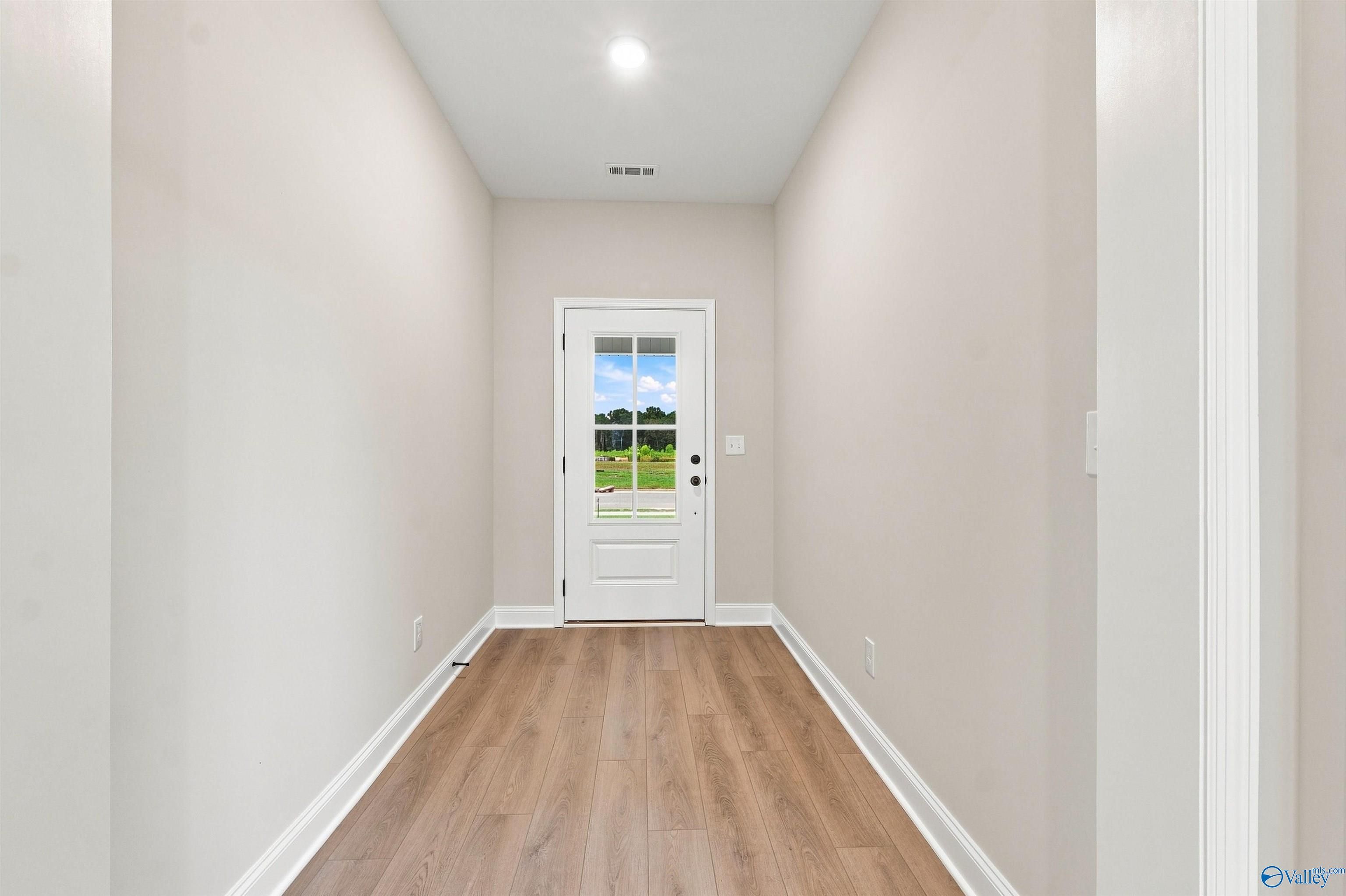 Bright entry foyer with luxury vinyl plank flooring and glass-panel front door in Davidson Homes' The Everett B, Toney, AL
