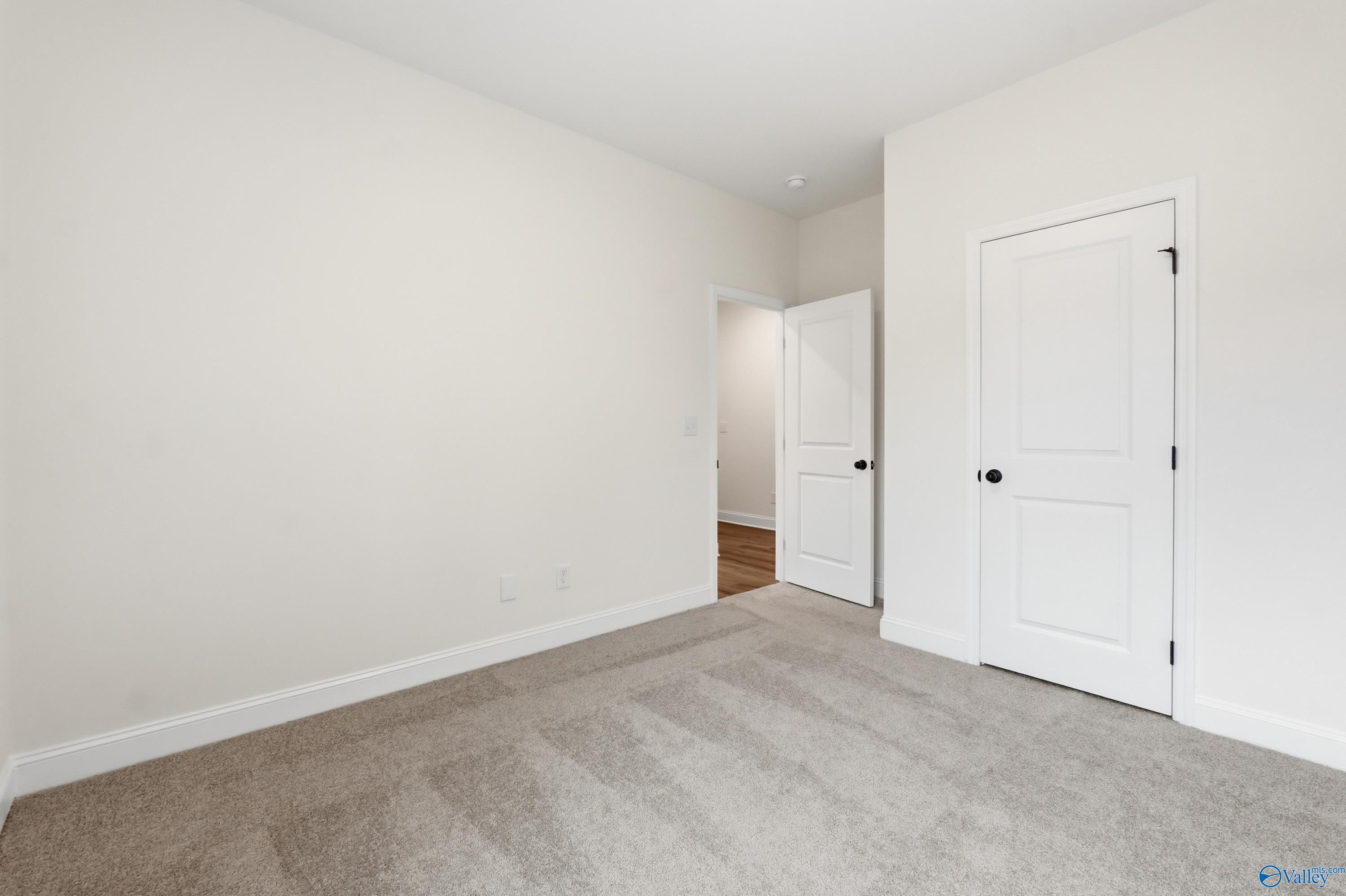 Bright empty bedroom with beige carpet, white walls, and open closet door in Davidson Homes The Asheville C, Arab, Alabama
