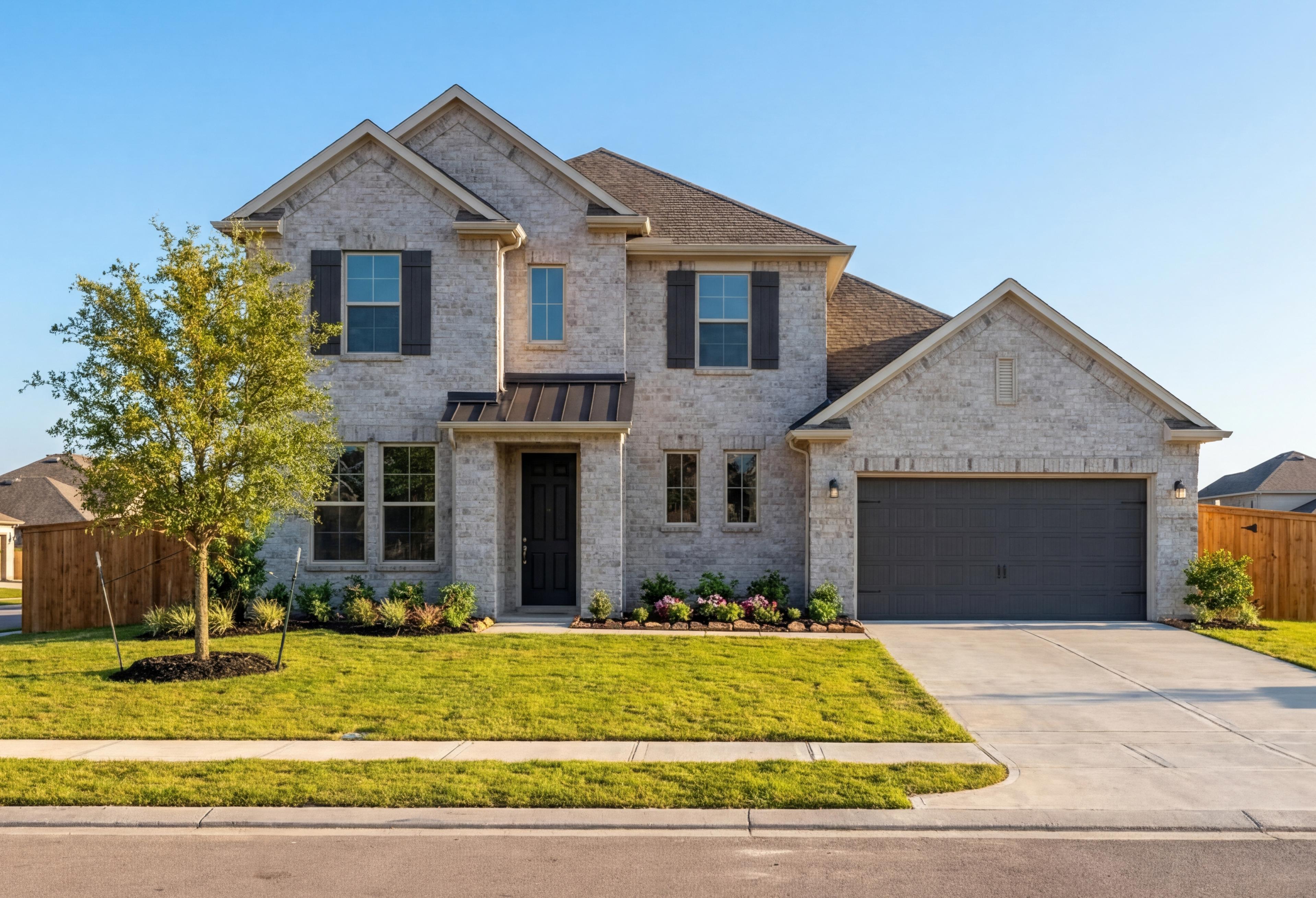 Two-story brick exterior of The Philip A home by Davidson Homes, featuring 2-car garage, front porch, and landscaped yard in Rosharon, TX