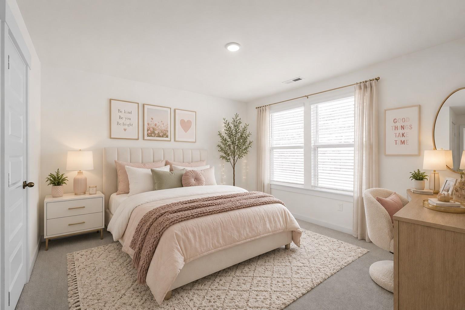 Cozy bedroom with blush pink bedding and desk in The Willow floor plan at Woods Crossing, Gallatin, Tennessee.