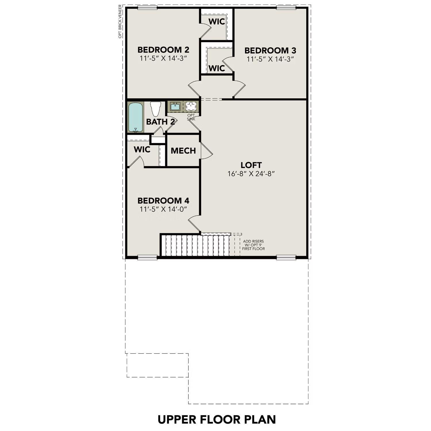 Upper floor plan of The San Marcos E: 5-bedroom layout with loft, bedrooms 2-4, baths, and WICs in Conroe, Texas Davidson Homes