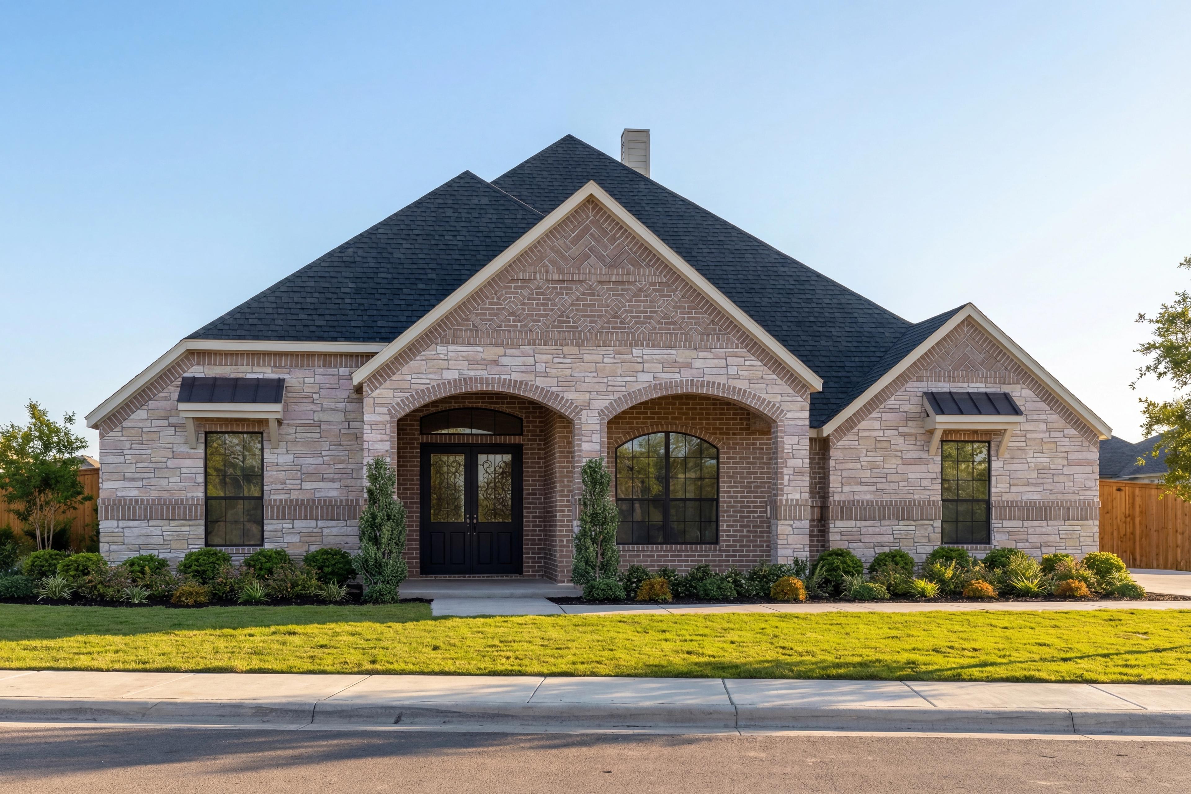 Brick single-story elevation of The Summerlin C by Davidson Homes in Castroville TX, featuring arched entry, garage, and landscaped yard