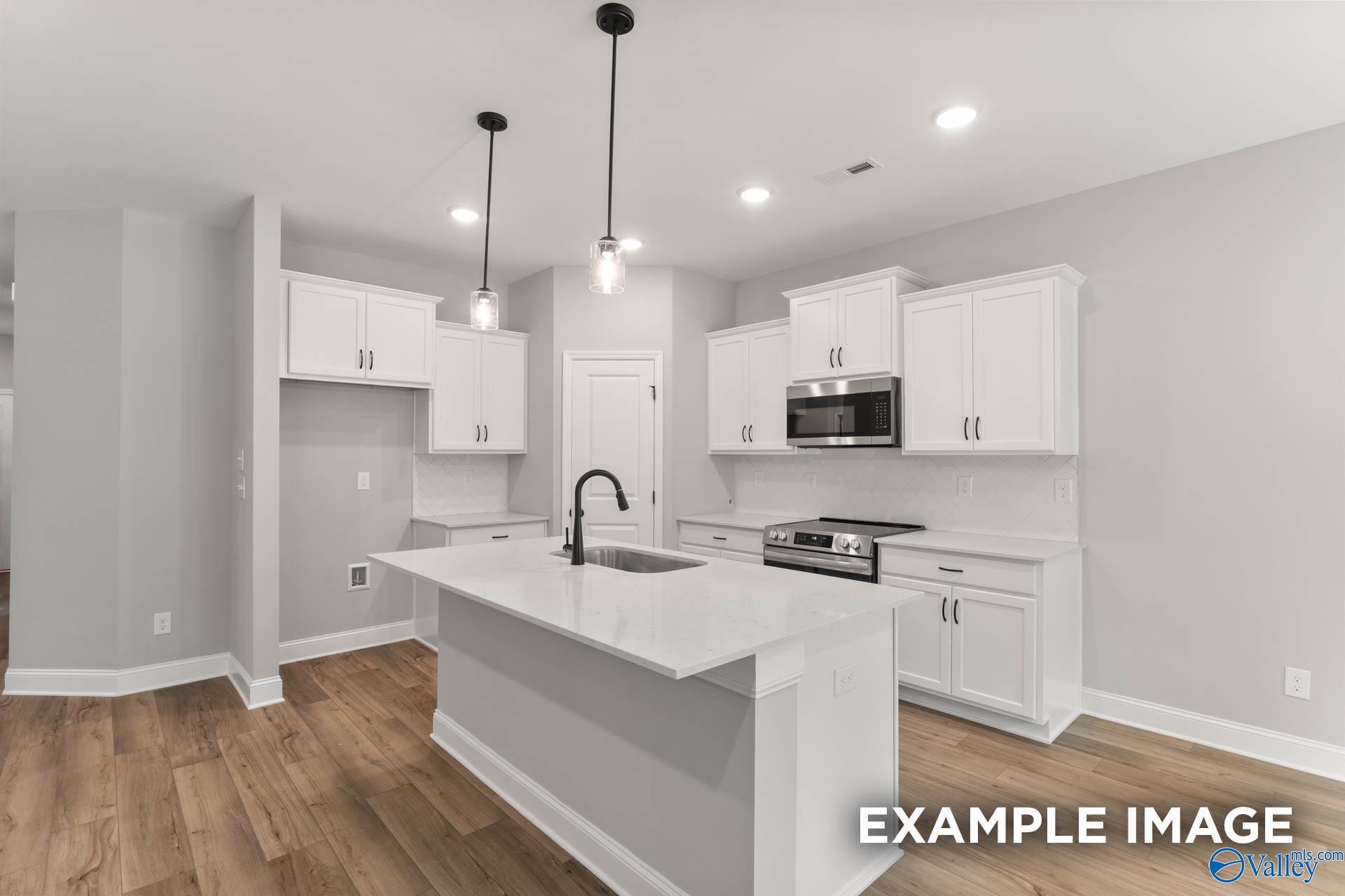 Modern kitchen with white shaker cabinets, quartz island sink, stainless appliances in The Asheville C, Hazel Green, Alabama