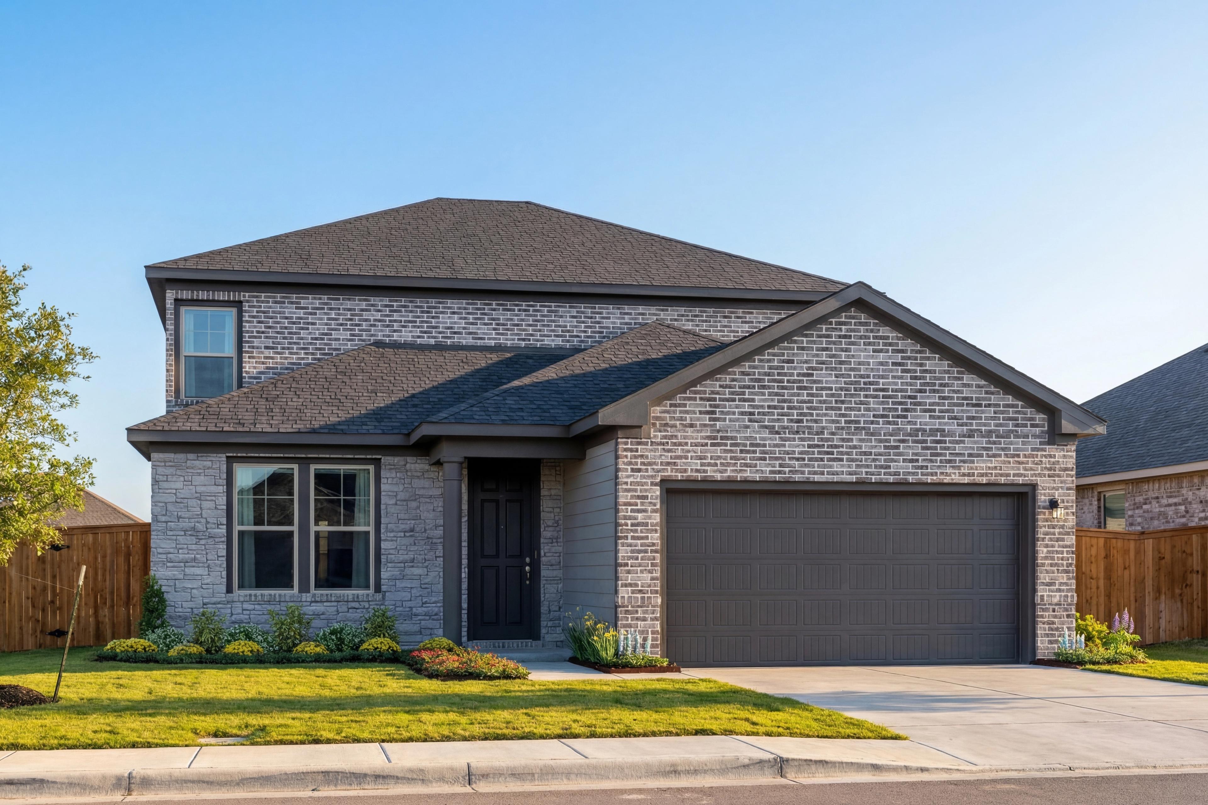 The Douglas F two-story home elevation featuring brick and siding facade, two-car garage, and landscaped front yard