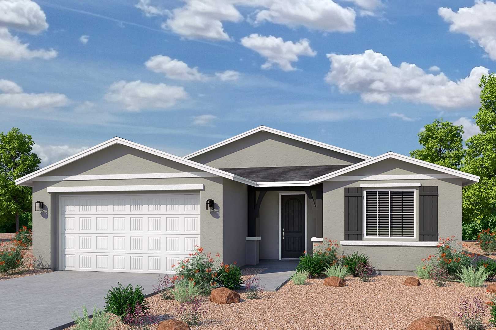 Modern single-story facade of The Sheridan II by Davidson Homes in Prescott AZ with gray siding, 2-car garage, and desert yard