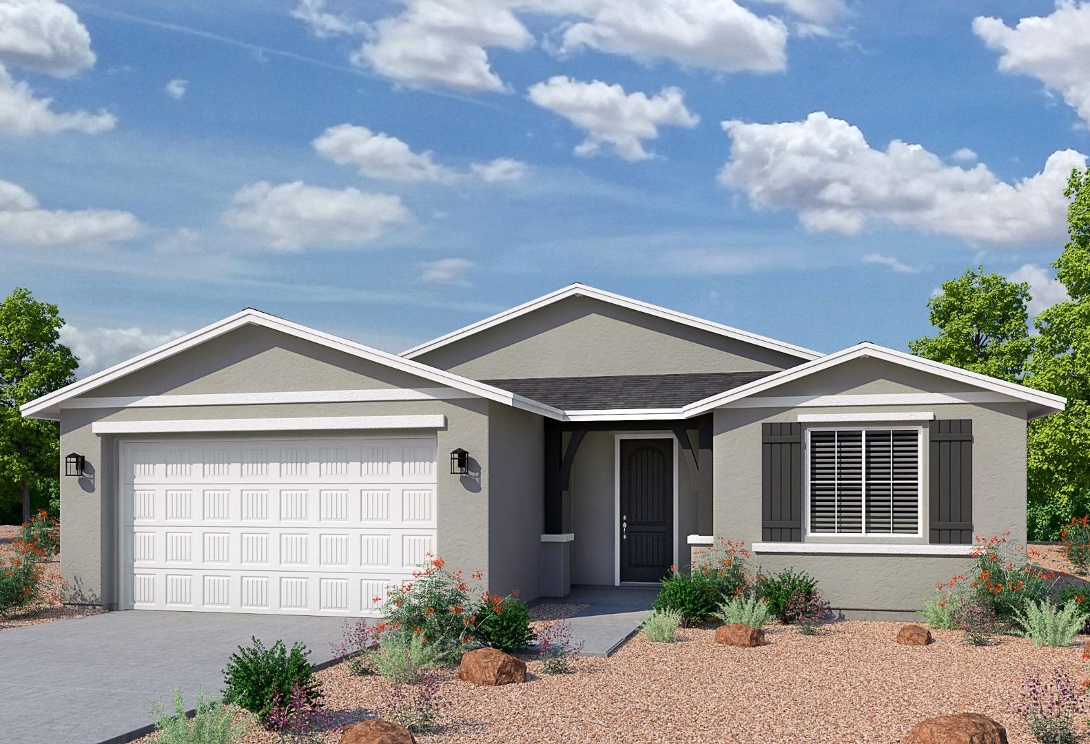 Modern single-story facade of The Sheridan II by Davidson Homes in Prescott AZ with gray siding, 2-car garage, and desert yard