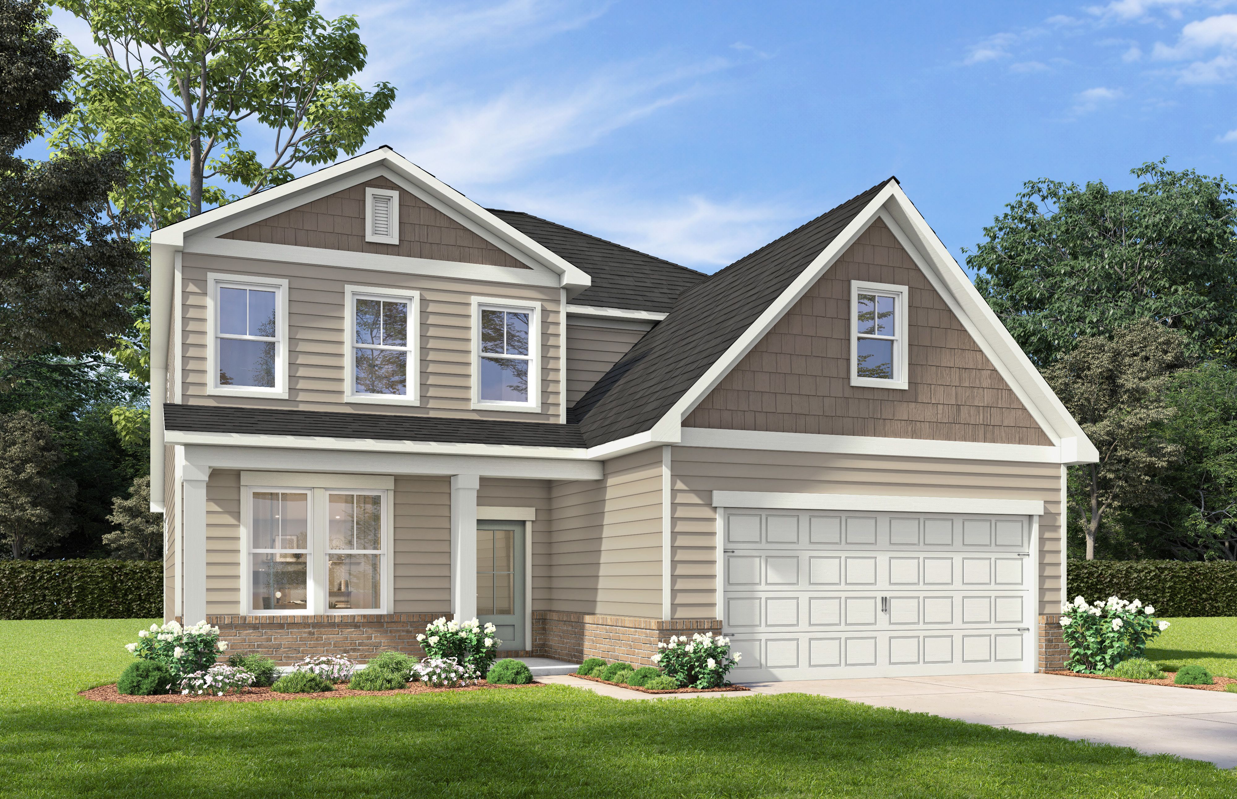 Two-story The Cedar D elevation by Davidson Homes in San Antonio, featuring brick and siding exterior, two-car garage, and lush landscaped front yard