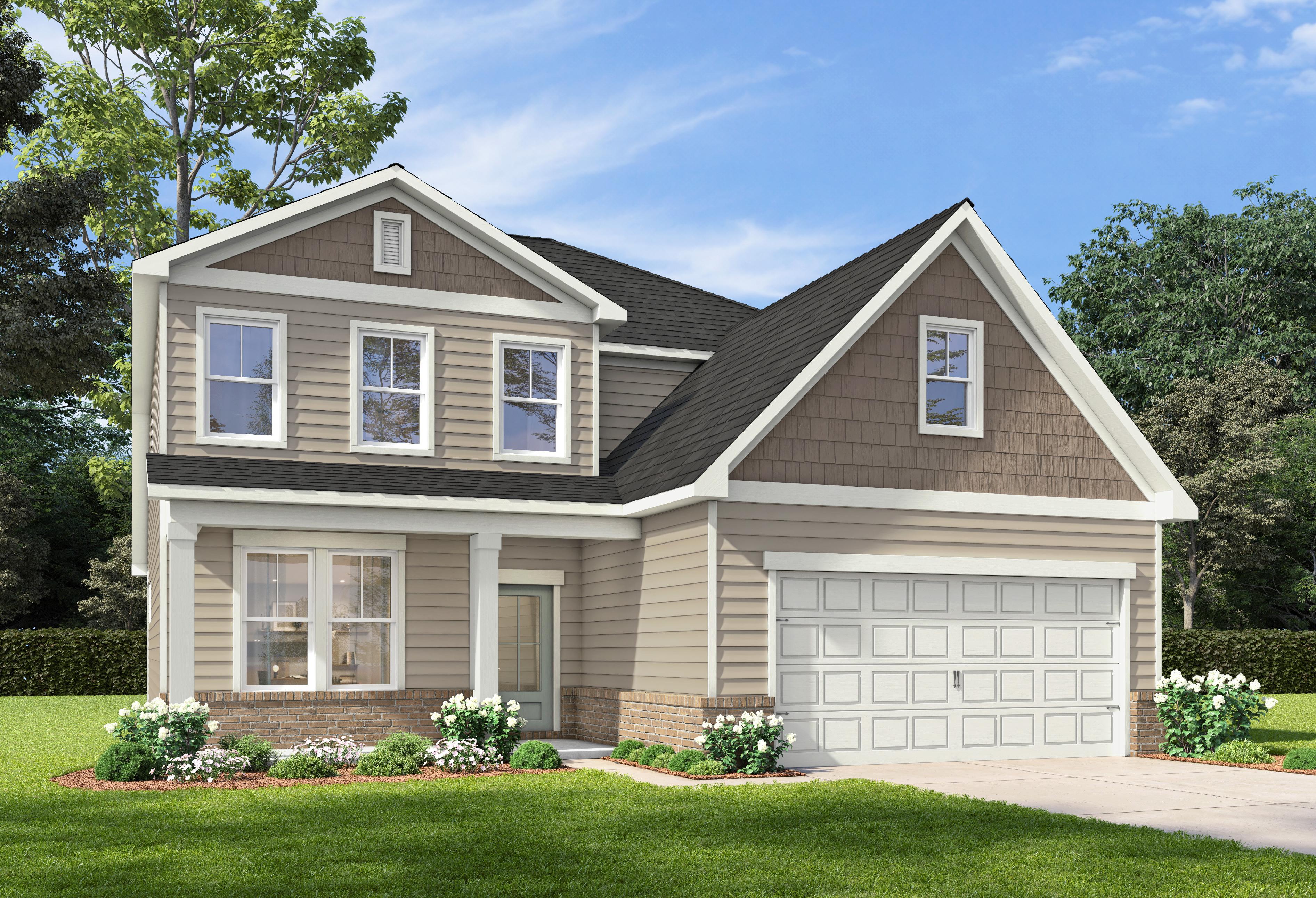 Two-story The Cedar D elevation by Davidson Homes in San Antonio, featuring brick and siding exterior, two-car garage, and lush landscaped front yard