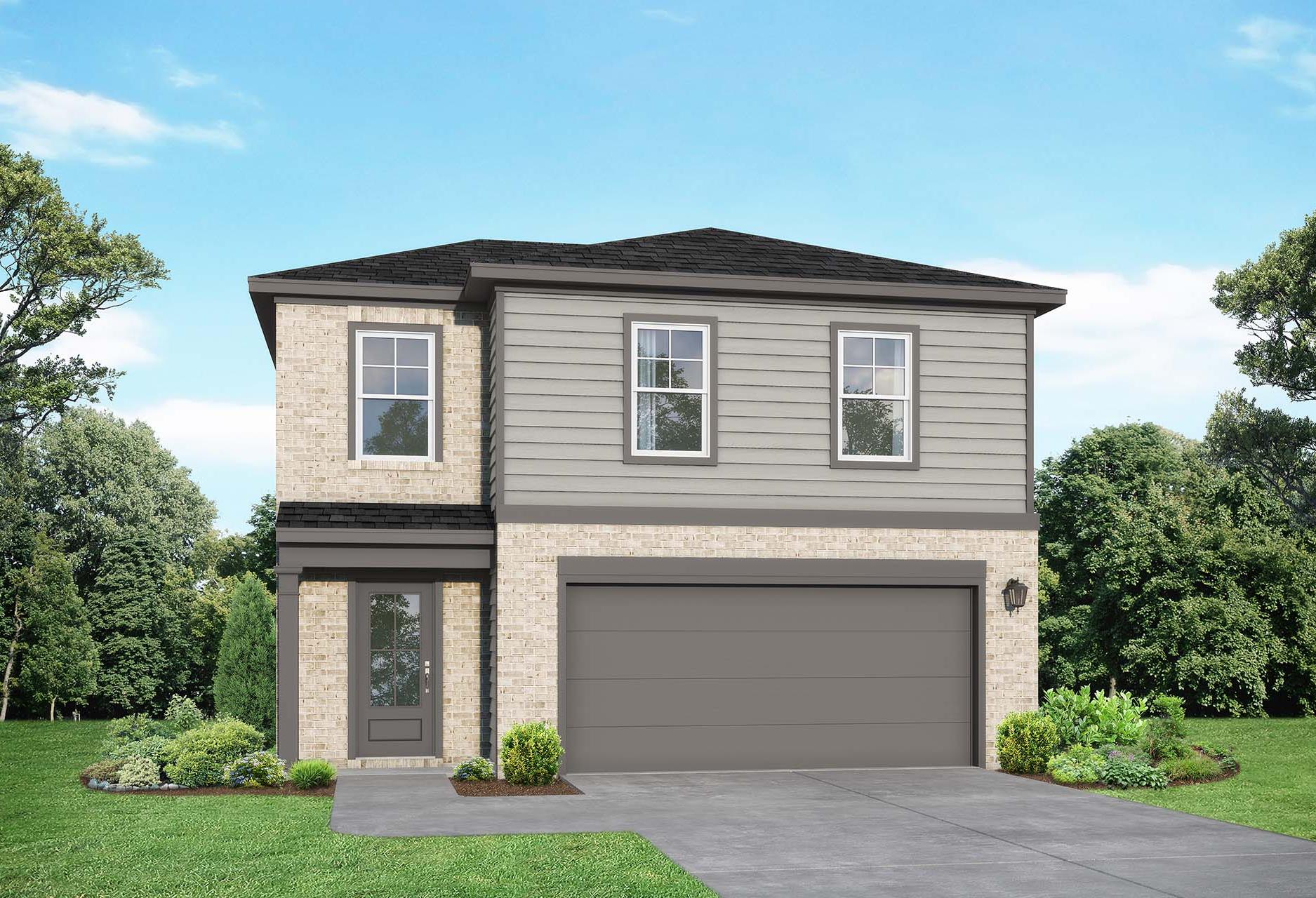 Two-story Blanco home elevation by Davidson Homes in Beasley, Texas: beige brick facade, gray siding, 2-car garage, and lush front yard