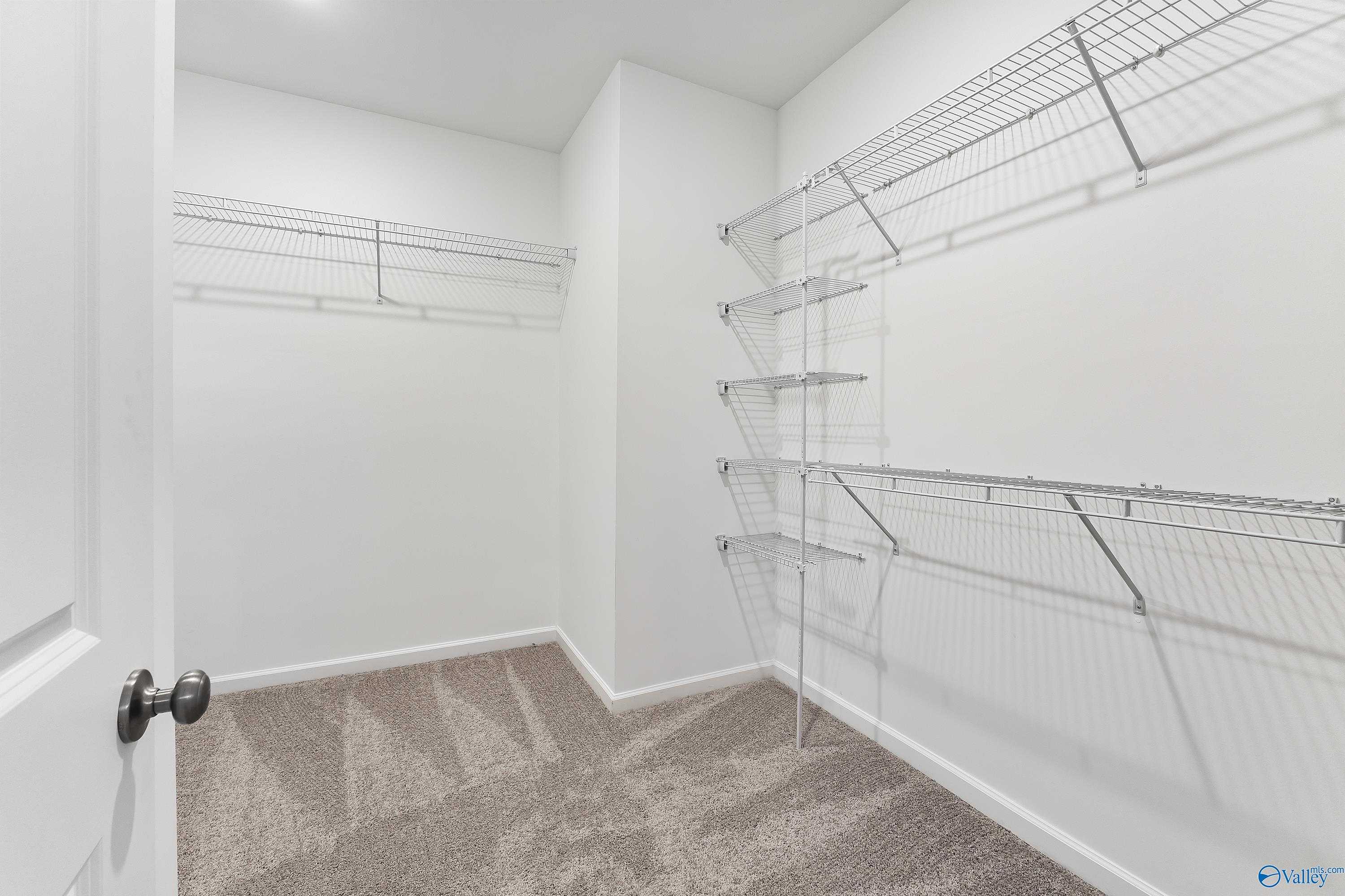 Spacious walk-in closet with wire shelving and beige carpet in master suite, Evermore Homes The Grace, Madison Alabama
