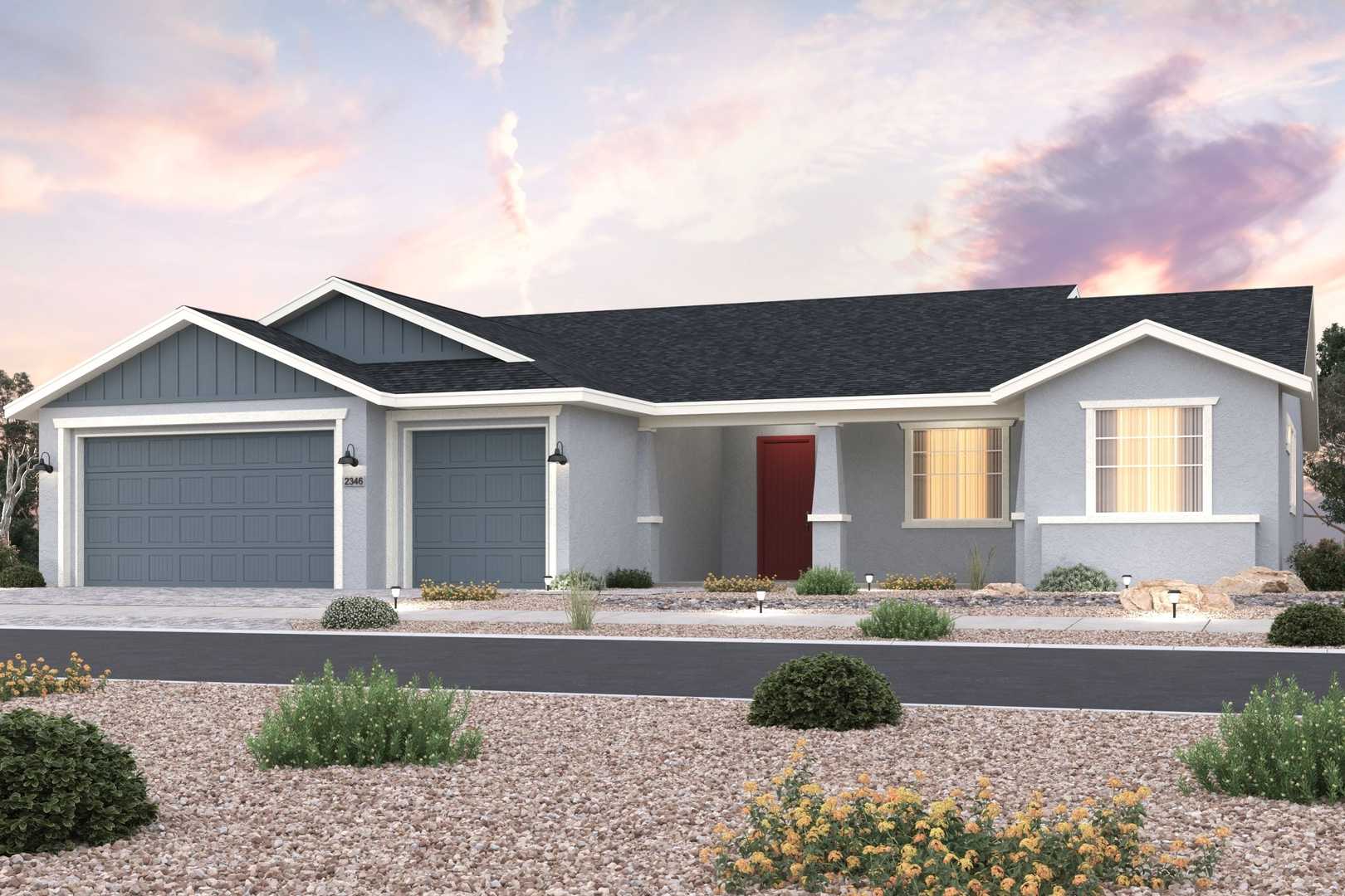 Stunning single-story ranch exterior of The Monarch showcasing blue-gray siding, red door, three-car garage, and desert landscaping in Prescott Valley Arizona