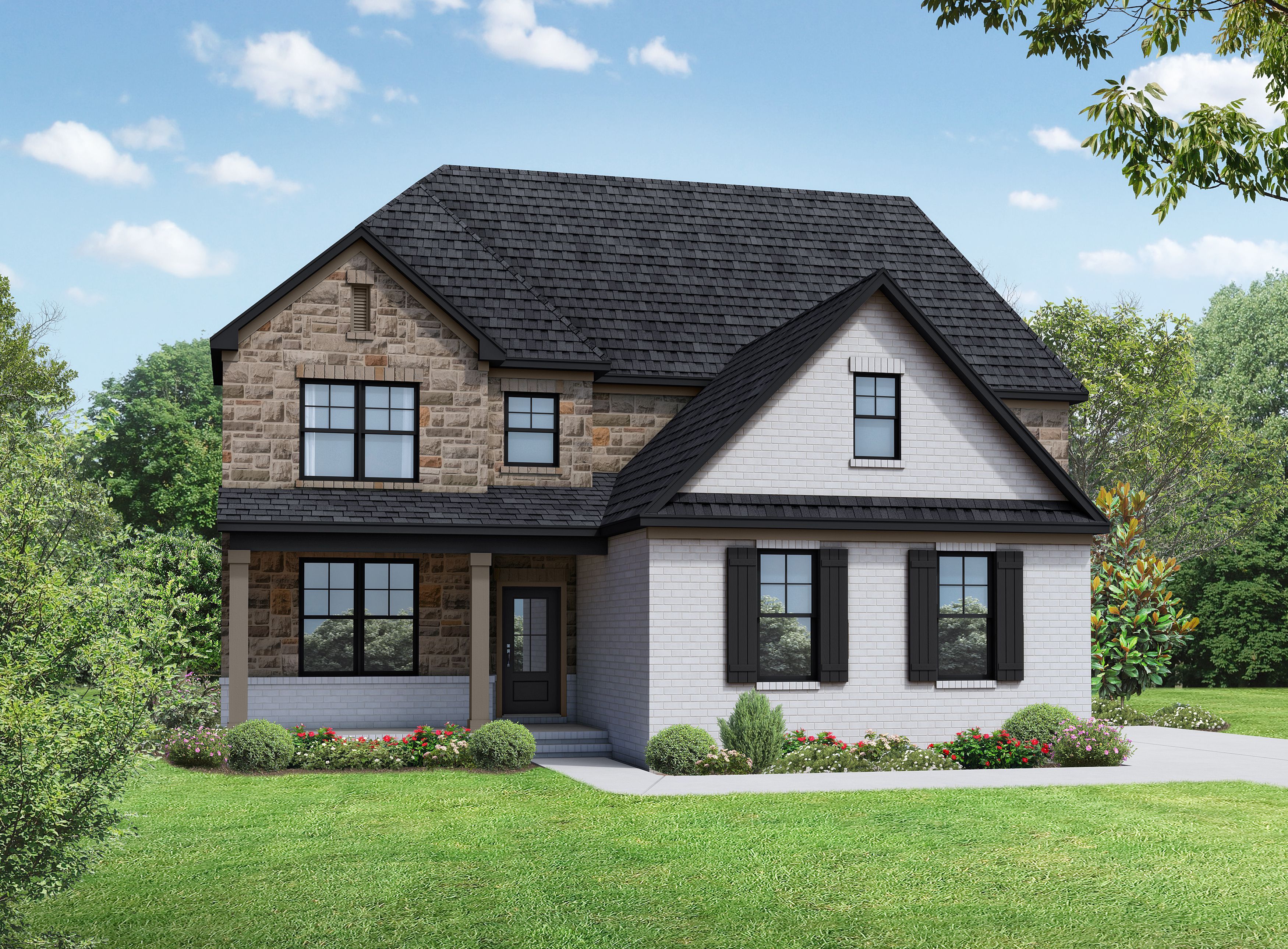 The Ash A elevation by Davidson Homes featuring a two-story exterior with gray siding and a welcoming front porch.