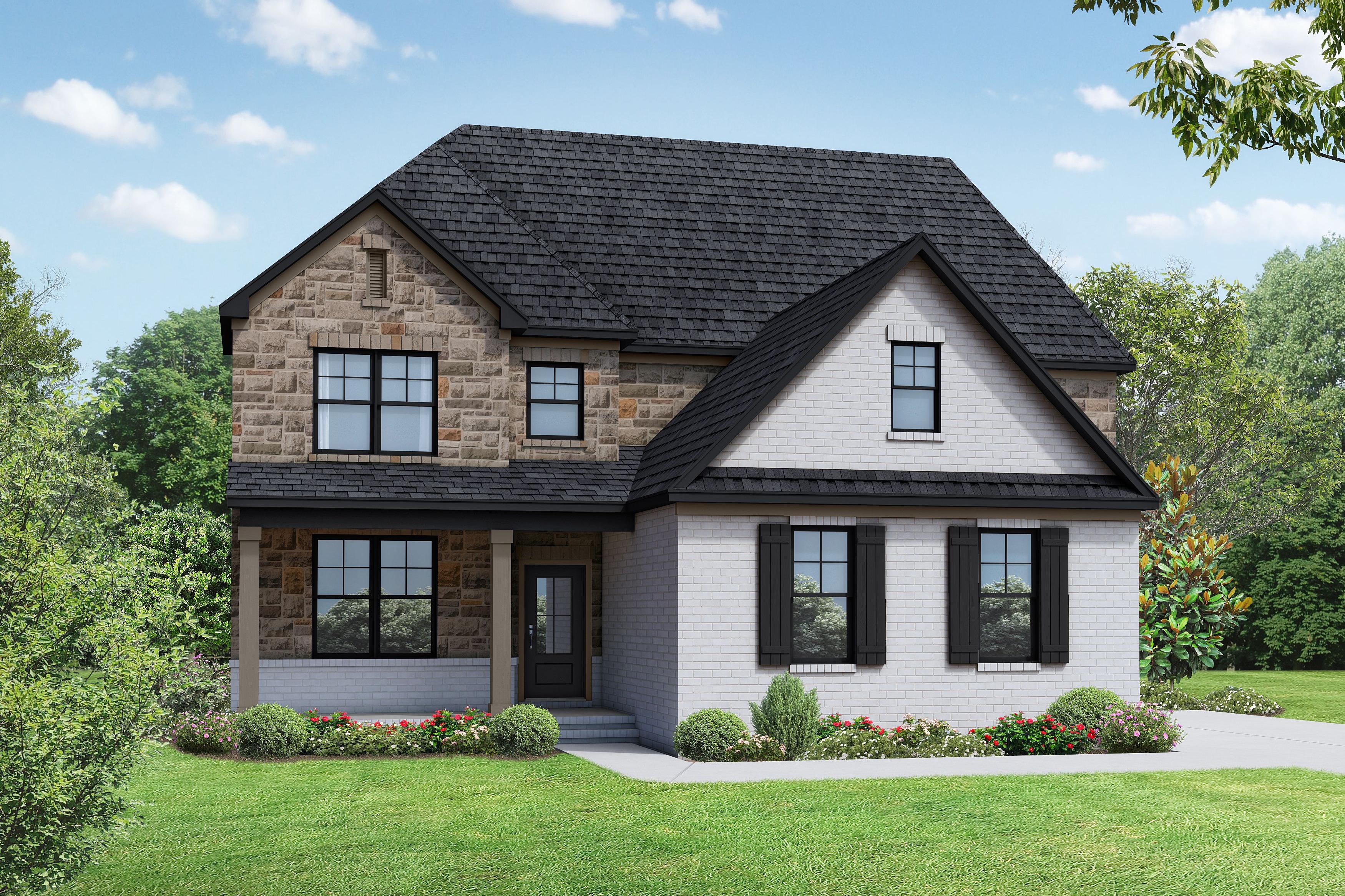 The Ash A elevation by Davidson Homes featuring a two-story exterior with gray siding and a welcoming front porch.