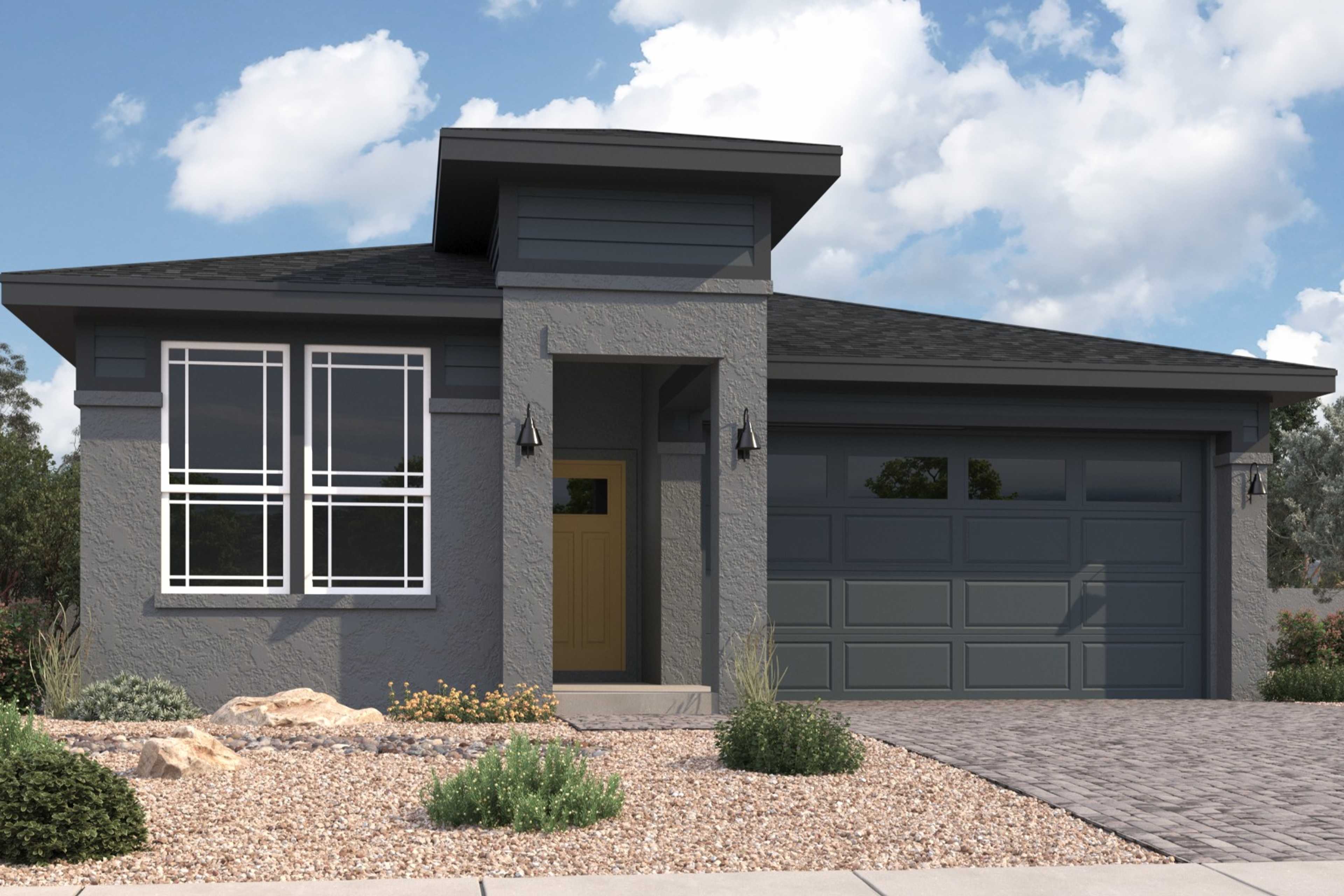 Modern gray exterior of the Newport A single-story home with 2-car garage, large windows, and desert landscaping in Prescott Arizona
