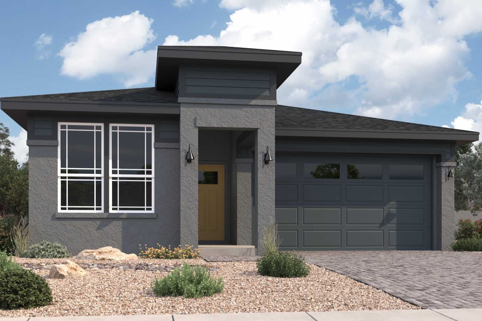 Modern gray exterior of the Newport A single-story home with 2-car garage, large windows, and desert landscaping in Prescott Arizona