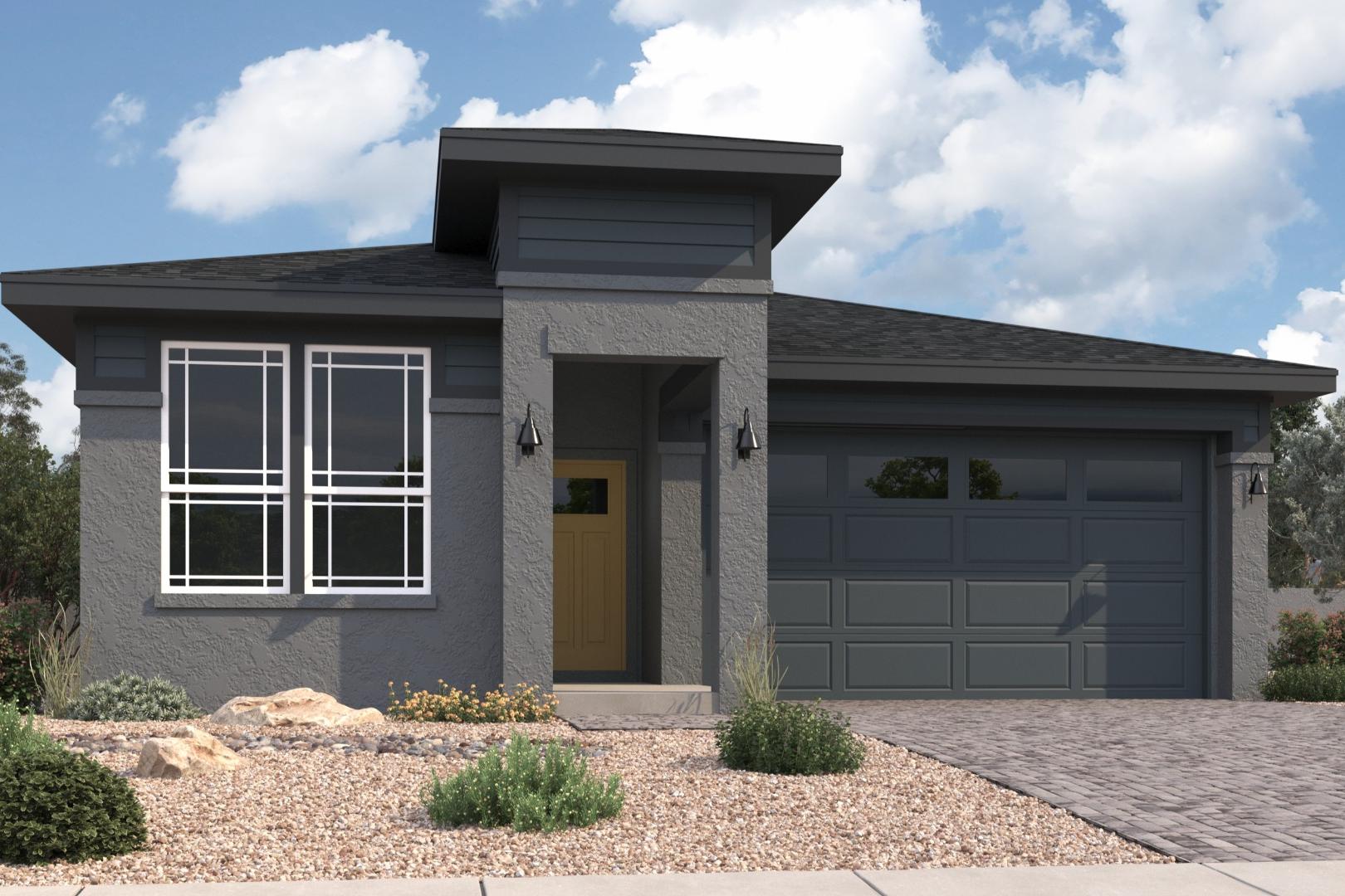 Modern gray exterior of the Newport A single-story home with 2-car garage, large windows, and desert landscaping in Prescott Arizona