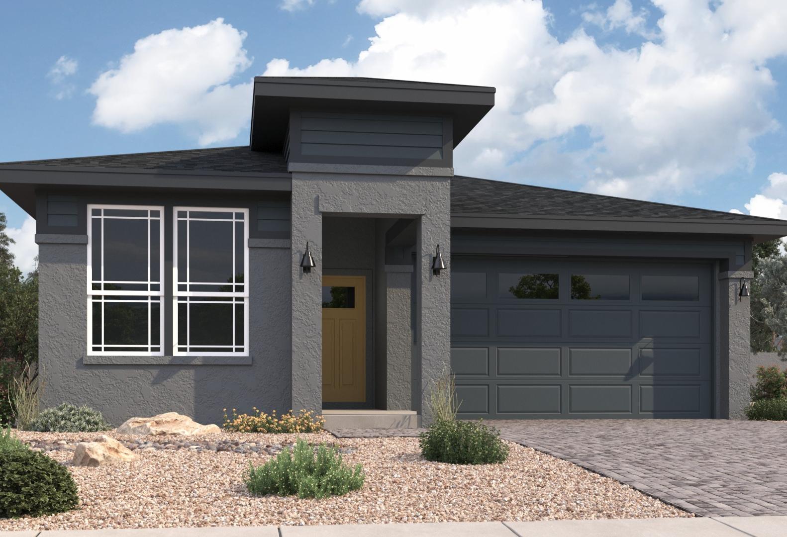 Modern gray exterior of the Newport A single-story home with 2-car garage, large windows, and desert landscaping in Prescott Arizona