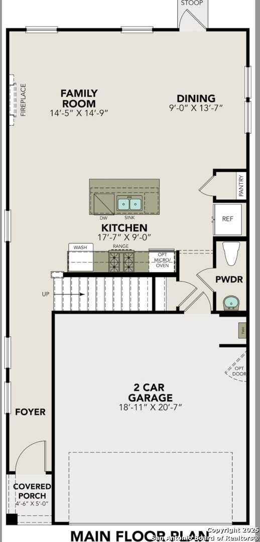 Main floor plan of The Charlotte B: spacious family room, kitchen, dining, 2-car garage in Davidson Homes, San Antonio