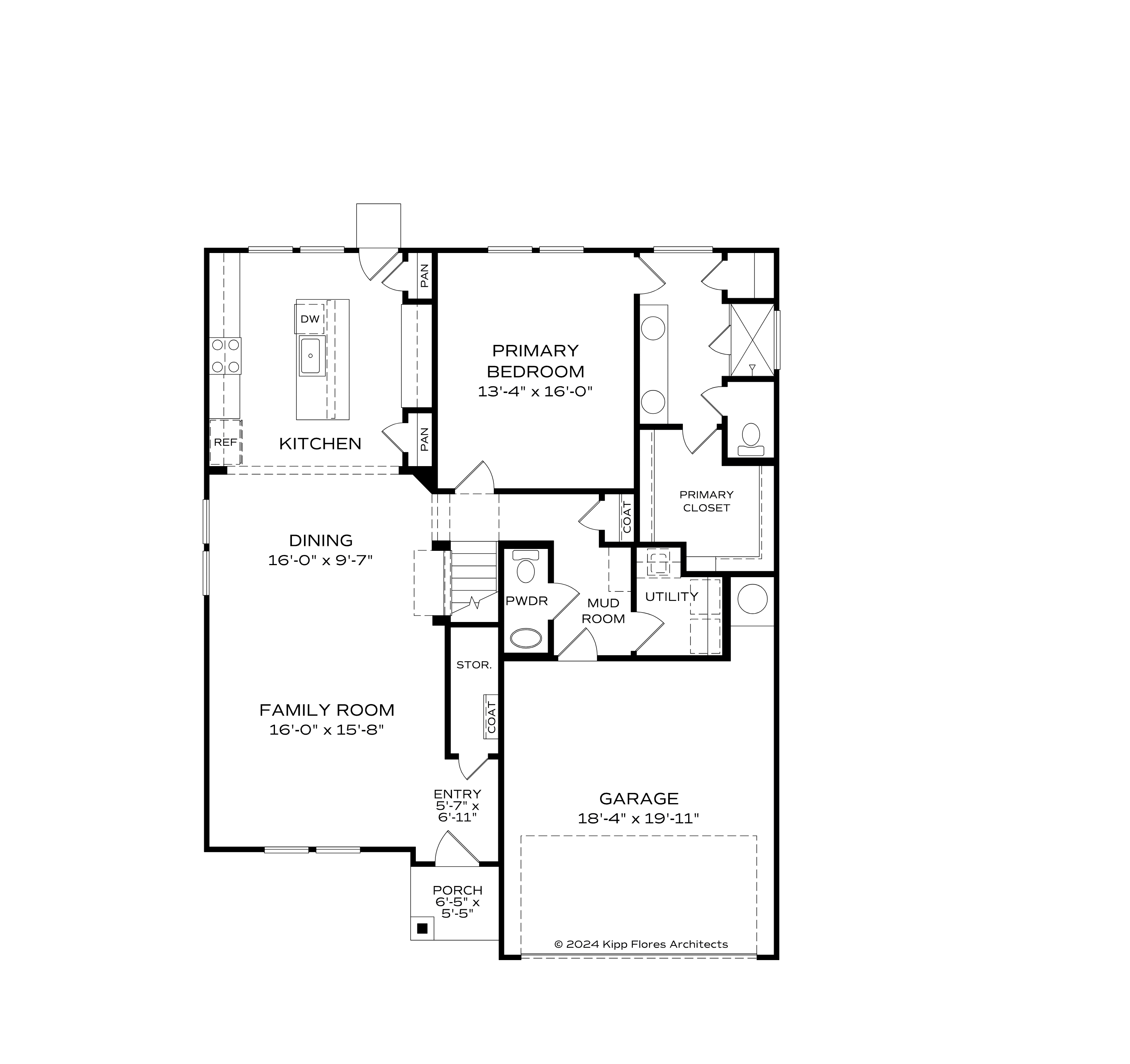 First floor plan of The Stella D showcasing primary suite, open kitchen with island, dining area, family room, and 2-car garage