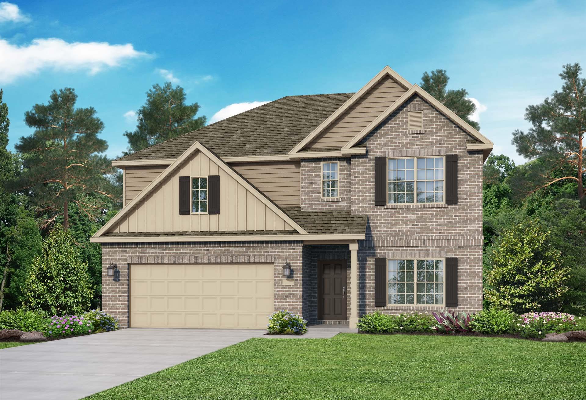 Modern two-story Chelsea A home elevation with brick siding, gabled roof, two-car garage, front porch, and lush pine landscaping