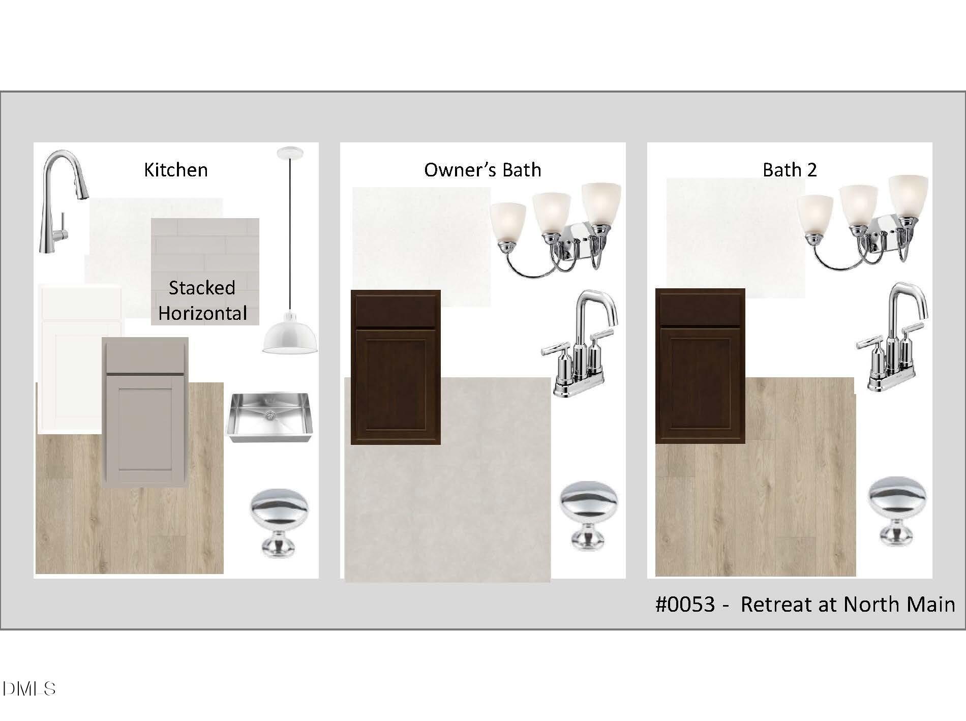 Design board showcasing kitchen faucet with gray cabinets and pendant light, owner's bath vanity in brown, bath 2 fixtures in The Grace C by Davidson Homes, Lillington, NC