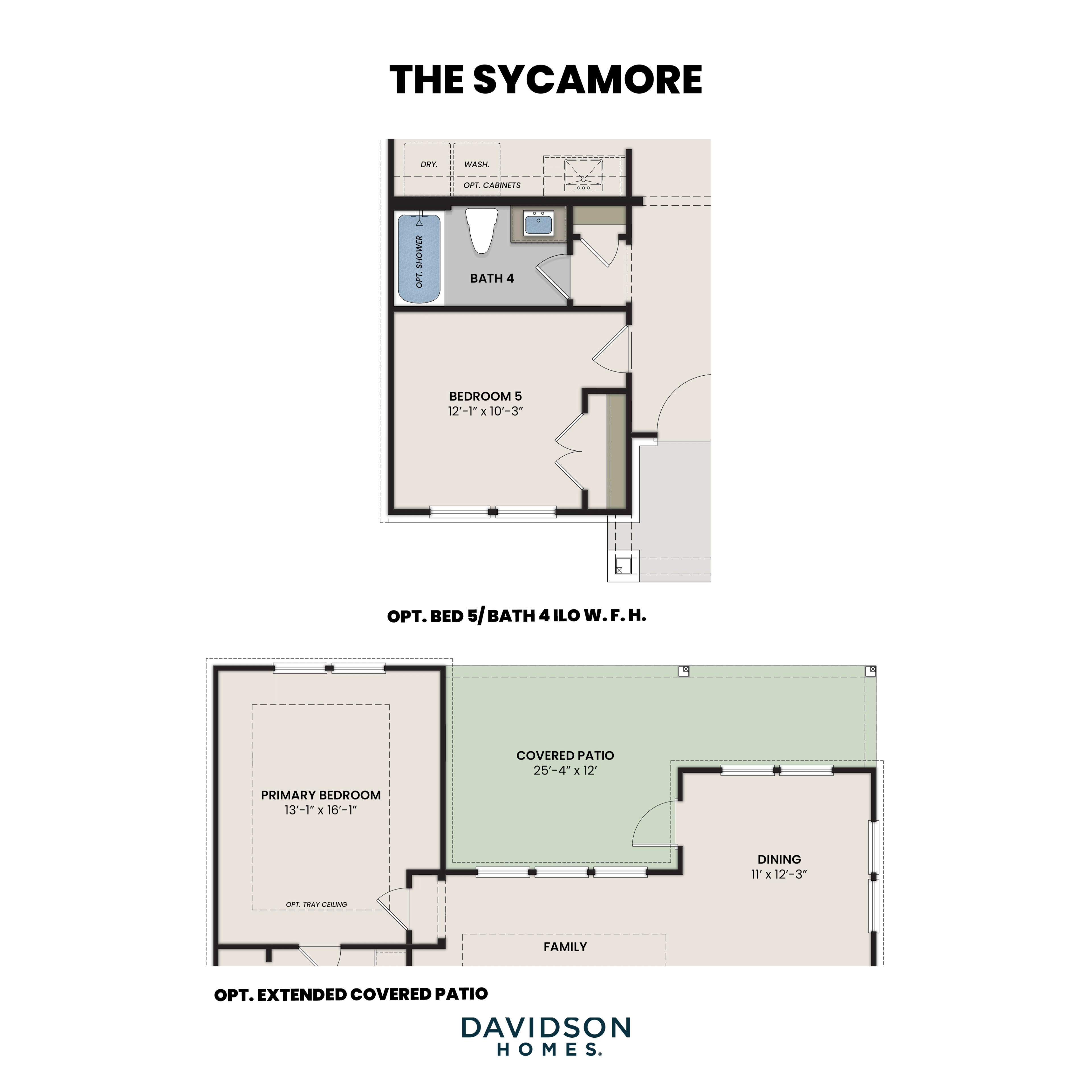 The Sycamore floor plan by Davidson Homes: upper level bedroom 5 and bath 4, main primary suite, family room, dining, optional covered patio