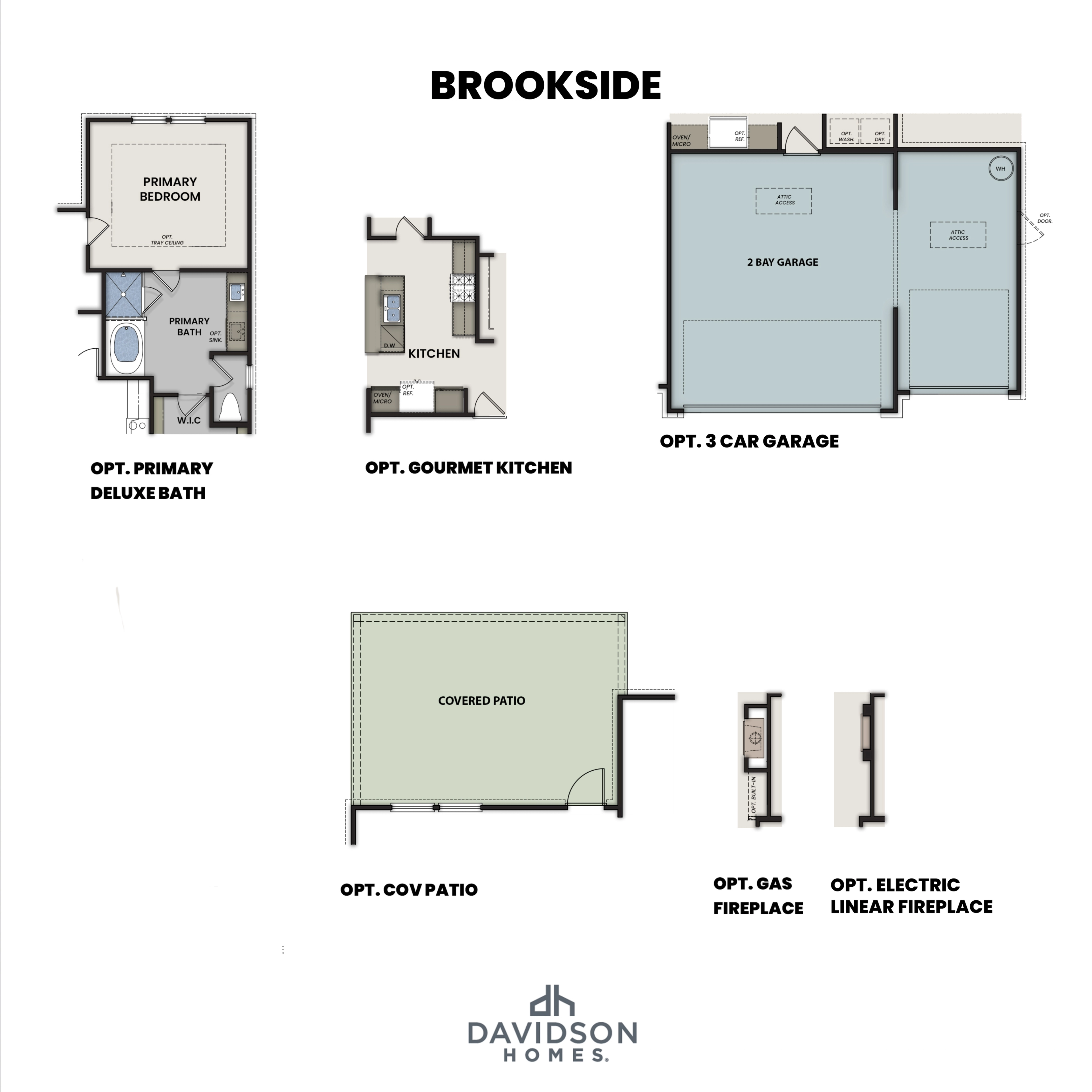 Brookside floor plan by Davidson Homes featuring optional primary deluxe bath, gourmet kitchen, 3-car garage, covered patio, and fireplace options