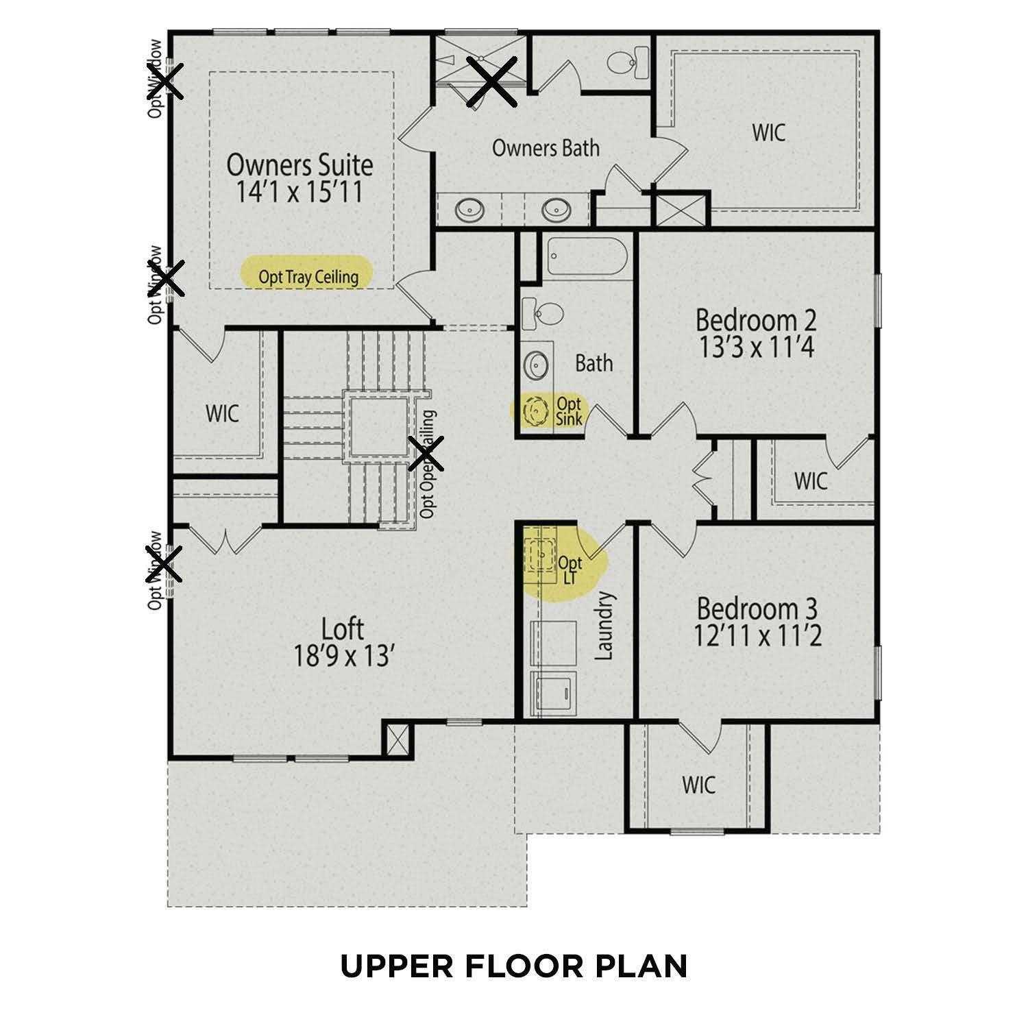 Upper floor plan of The Hemlock A: owner's suite with tray ceiling, loft, bedrooms 2 & 3, baths in Belmont, NC home