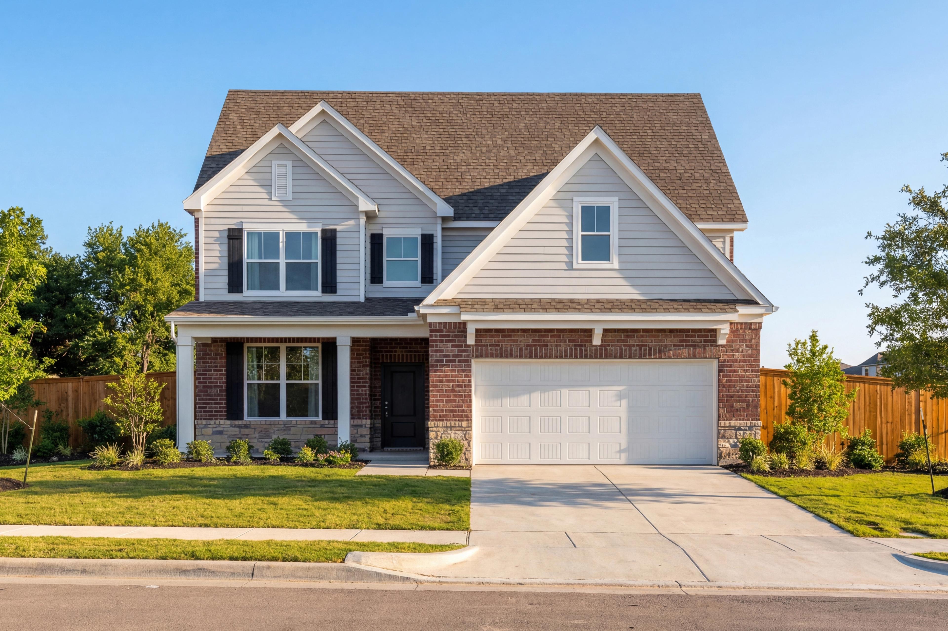 Two-story The Ash home elevation by Davidson Homes in Royse City, Texas: white siding, brick accents, two-car garage, lush lawn