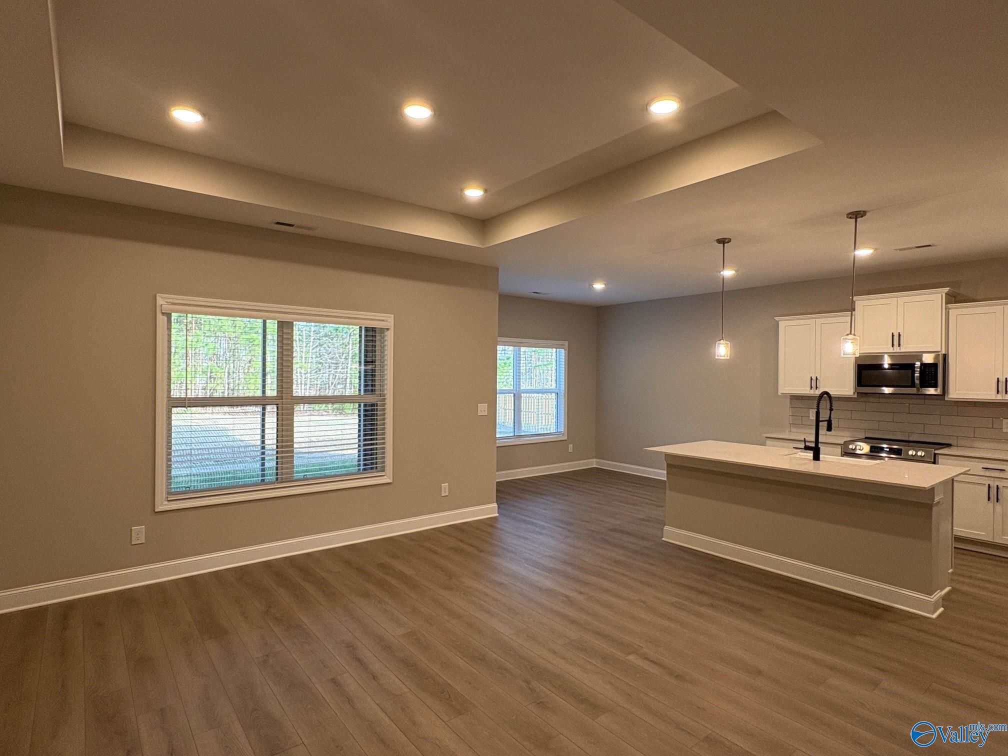 Bright open-concept kitchen with white cabinets, stainless appliances, large island, and windows in Davidson Homes The Asheville C, Arab, AL