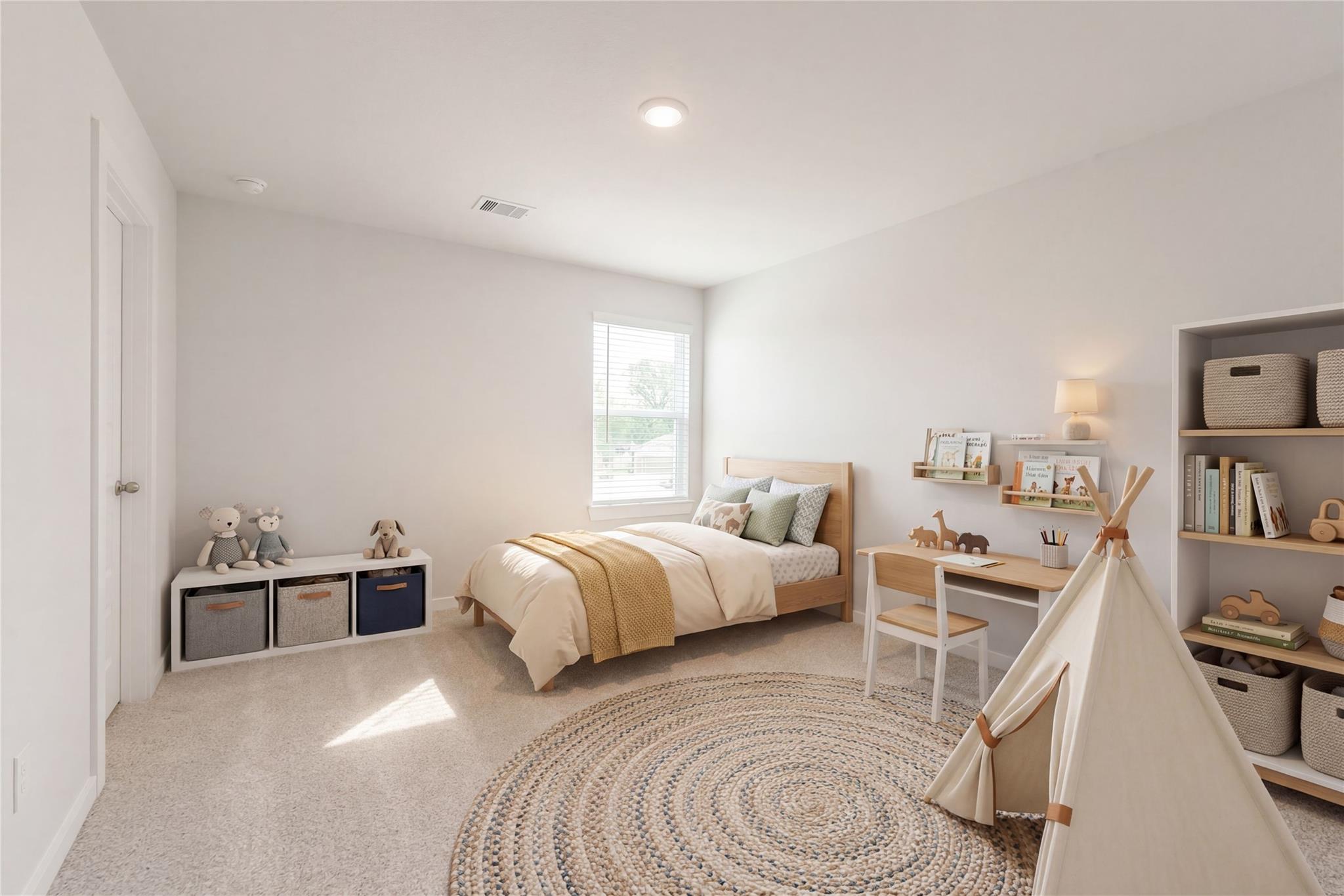Cozy kids' bedroom with twin bed, stuffed animals, desk, bookshelf, teepee, and storage in Davidson Homes San Marcos E, Conroe TX